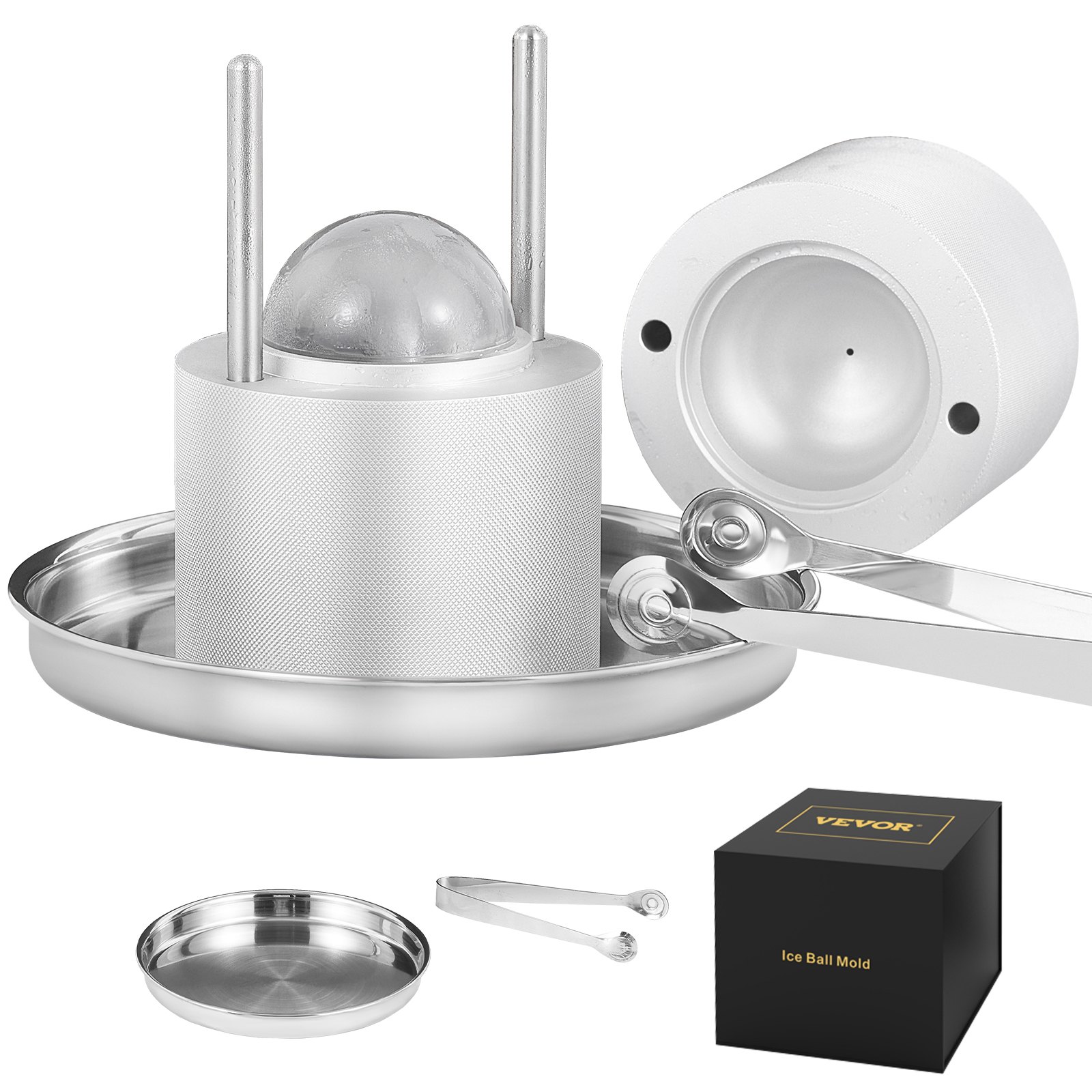 Zestaw foremek do lodu VEVOR 60 mm, foremka do lodu, forma do kulek lodowych ze szczypcami do lodu i tacką ociekową, aluminiowe, trwałe foremki do lodu, pojemnik na kostki lodu, whisky, americano, sok i mleko, srebrny