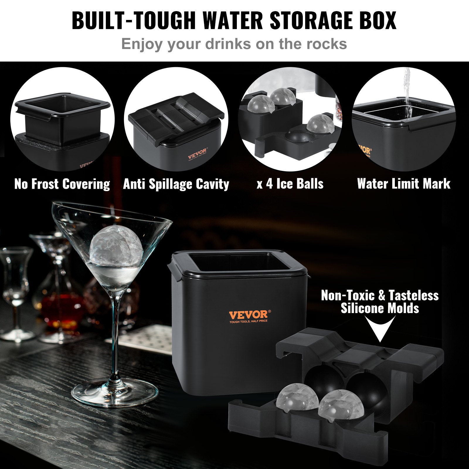 VEVOR 4-częściowa kostkarka do lodu, foremki do kostek lodu, kula lodu 6 cm, foremka do kostek lodu, forma do kulek lodu z torbą do przechowywania, trwałe foremki do kostek lodu, pojemnik na kostki lodu, czarna whisky, Americano