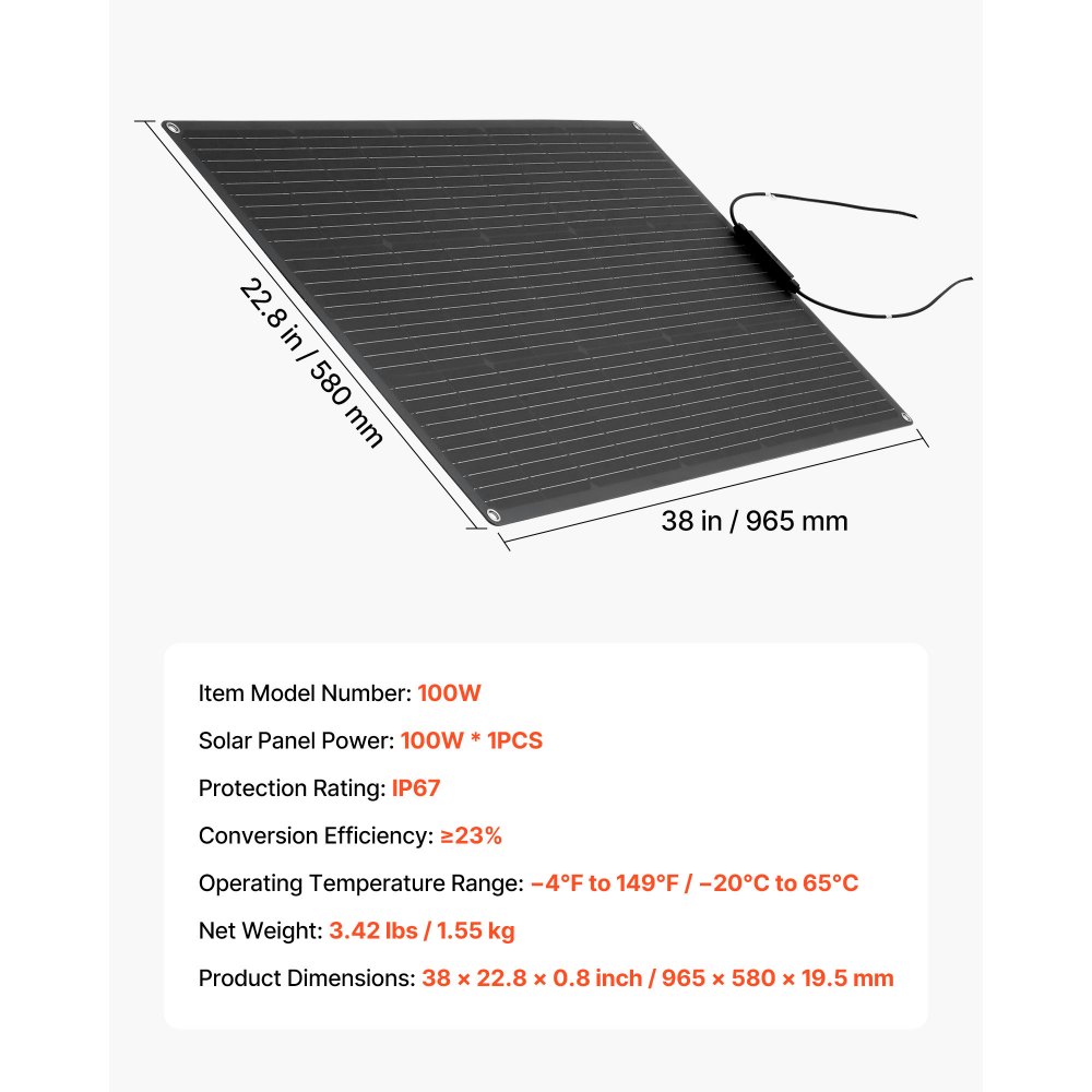 Monokrystaliczny panel słoneczny VEVOR, półelastyczny panel słoneczny o mocy 100 W, ładowarka poza siecią z wyjściem MC4, wodoodporność IP67, elektrownia balkonowa do łodzi, kamperów, samochodów, domków i powierzchni zakrzywionych