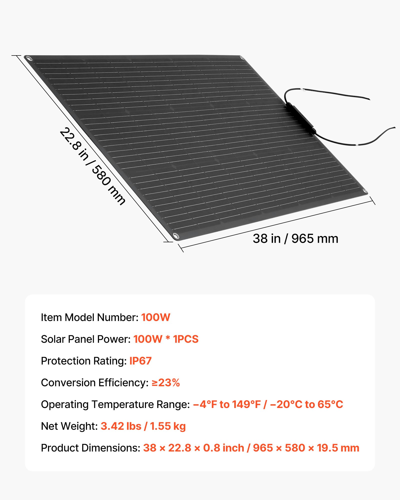 Monokrystaliczny panel słoneczny VEVOR, półelastyczny panel słoneczny o mocy 100 W, ładowarka poza siecią z wyjściem MC4, wodoodporność IP67, elektrownia balkonowa do łodzi, kamperów, samochodów, domków i powierzchni zakrzywionych
