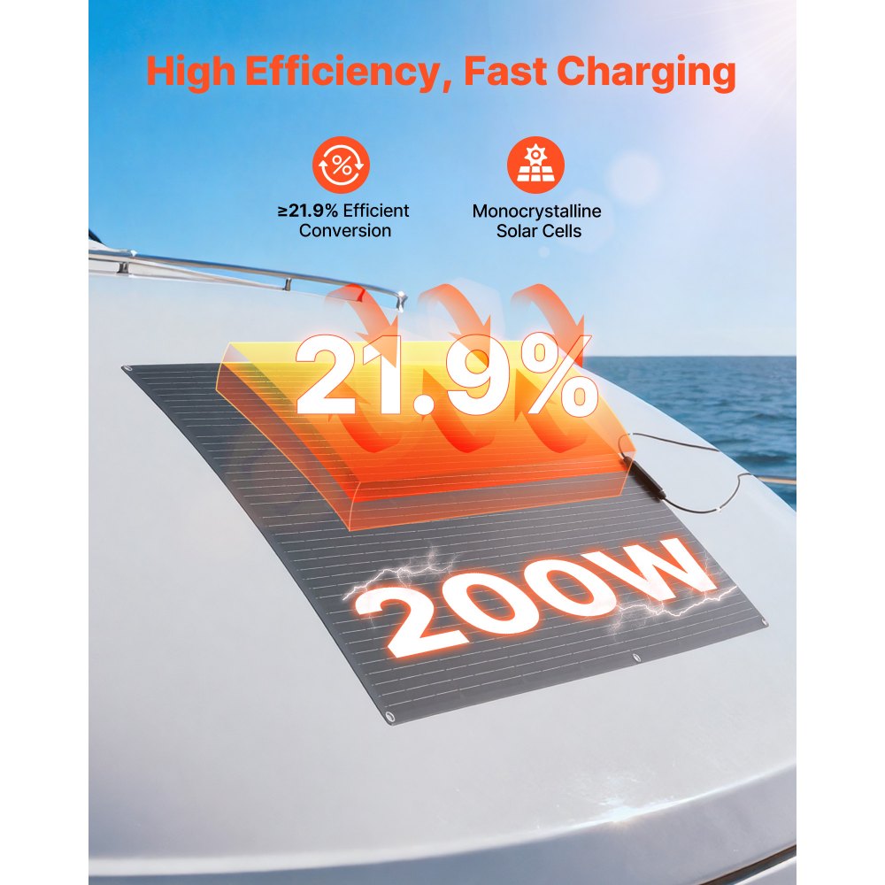 VEVOR Półelastyczny panel słoneczny 200 W, monokrystaliczny panel słoneczny, ładowarka monofoniczna Off-Grid z wyjściem MC4, wodoodporność IP67 do łodzi, kamperów, samochodów, domków i powierzchni zakrzywionych