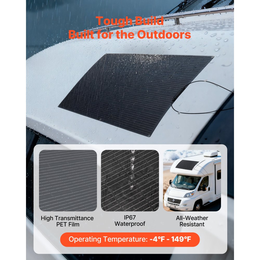 VEVOR Półelastyczny panel słoneczny 200 W, monokrystaliczny panel słoneczny, ładowarka monofoniczna Off-Grid z wyjściem MC4, wodoodporność IP67 do łodzi, kamperów, samochodów, domków i powierzchni zakrzywionych