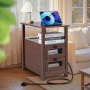VEVOR Side Table Nightstand with USB Ports & Power Outlets, 4-Tier Side Table with Storage Cabinet & 2 Drawers for Living Room Bedroom Office Brown