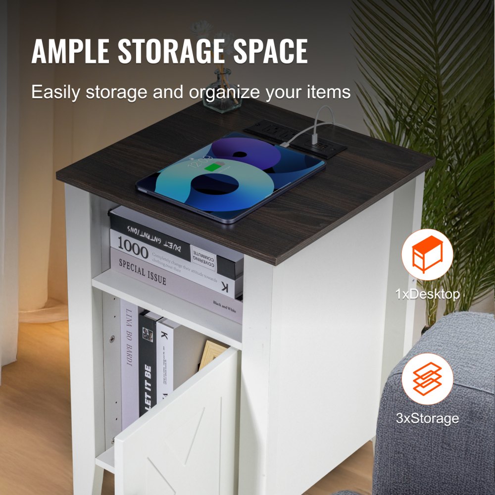 VEVOR Stolik nocny kwadratowy, 2-częściowy, z portami USB, 3-poziomowy stolik boczny z szafką do przechowywania i oświetleniem LED, do salonu, sypialni, biura, biały