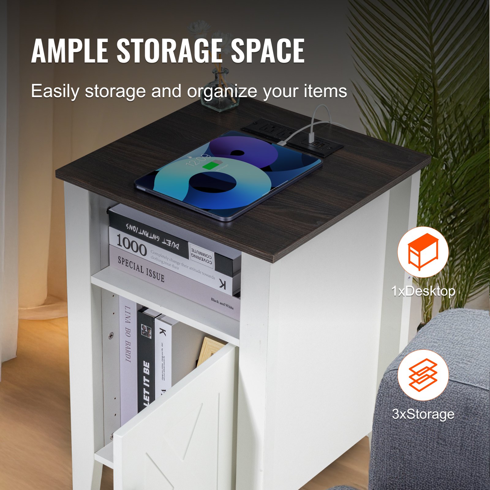 VEVOR Stolik nocny kwadratowy, 2-częściowy, z portami USB, 3-poziomowy stolik boczny z szafką do przechowywania i oświetleniem LED, do salonu, sypialni, biura, biały