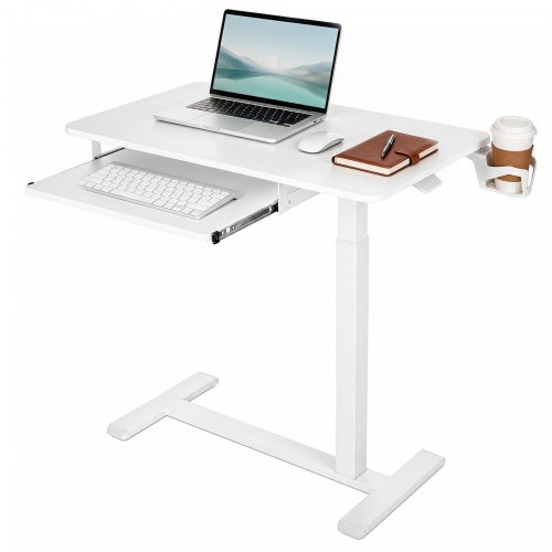 VEVOR Stolik nocny z kółkami 80x45 cm, stolik pod laptopa, biurko stojące, biały, stolik nocny do biura domowego, wysokość regulowana od 675 do 1080 mm, stolik szpitalny z półką na klawiaturę i uchwytem na napoje, biały