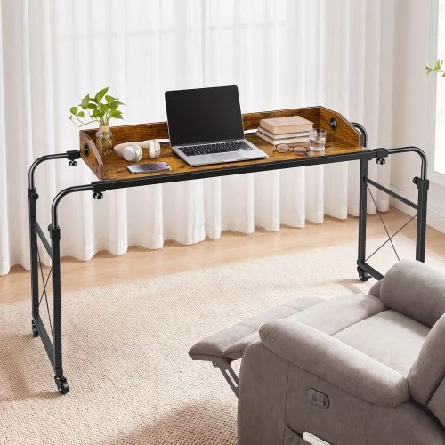 VEVOR Stolik nocny z kółkami 1060x360 mm, stolik nocny, stolik pod laptopa, stolik do pielęgnacji, do sypialni, salonu, gabinetu, z regulacją wysokości i długości, stolik boczny z boczną kieszenią do przechowywania i podniesioną krawędzią