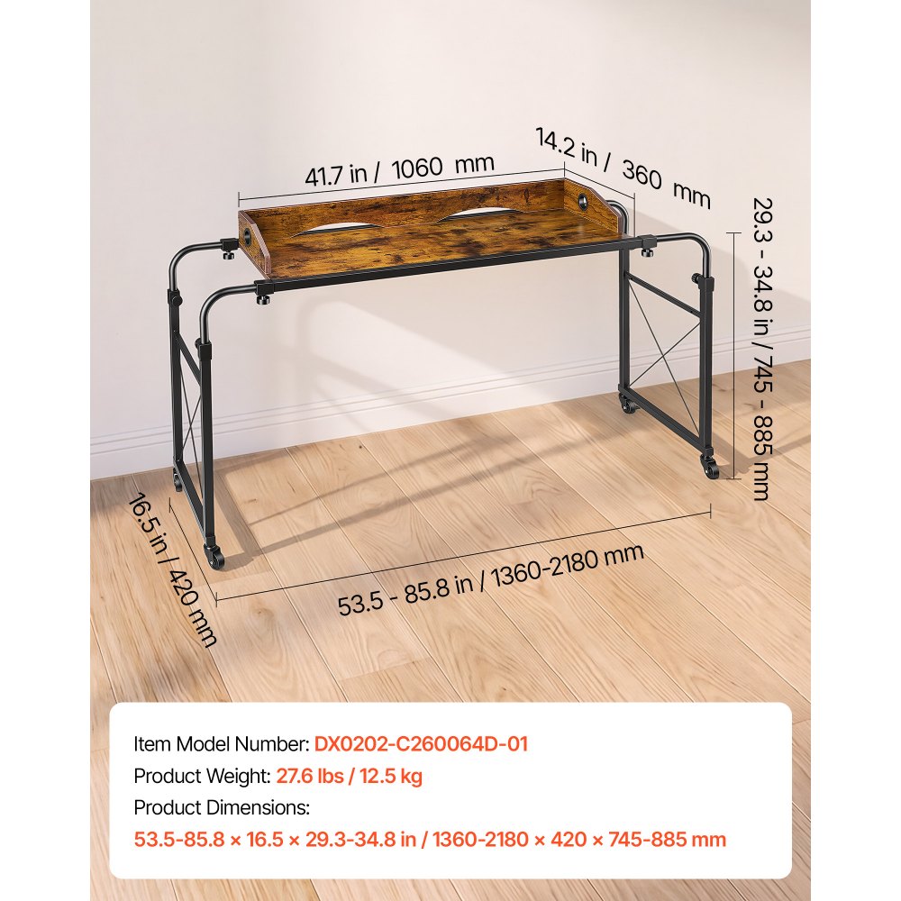 VEVOR Stolik nocny z kółkami 1060x360 mm, stolik nocny, stolik pod laptopa, stolik do pielęgnacji, do sypialni, salonu, gabinetu, z regulacją wysokości i długości, stolik boczny z boczną kieszenią do przechowywania i podniesioną krawędzią