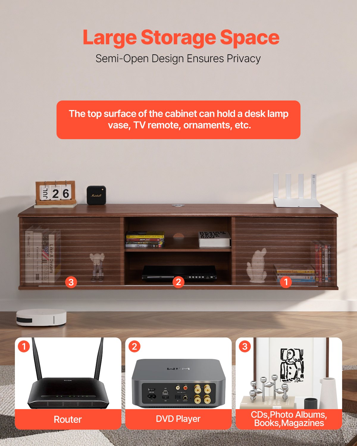 VEVOR Szafka ścienna pod telewizor, szafka TV z regulowaną półką i drzwiami przesuwnymi, półka TV z miejscem do przechowywania konsoli do gier DVD, szafka ścienna o udźwigu 52 kg, biała, długość 152 cm