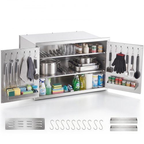 VEVOR Wbudowana szafka kuchenna zewnętrzna 76x52x52 cm Szafka kuchenna ze stali nierdzewnej do codziennego grillowania i przechowywania naczyń kuchennych, z magnetycznymi zamknięciami, haczykami i 2 zintegrowanymi półkami w drzwiach