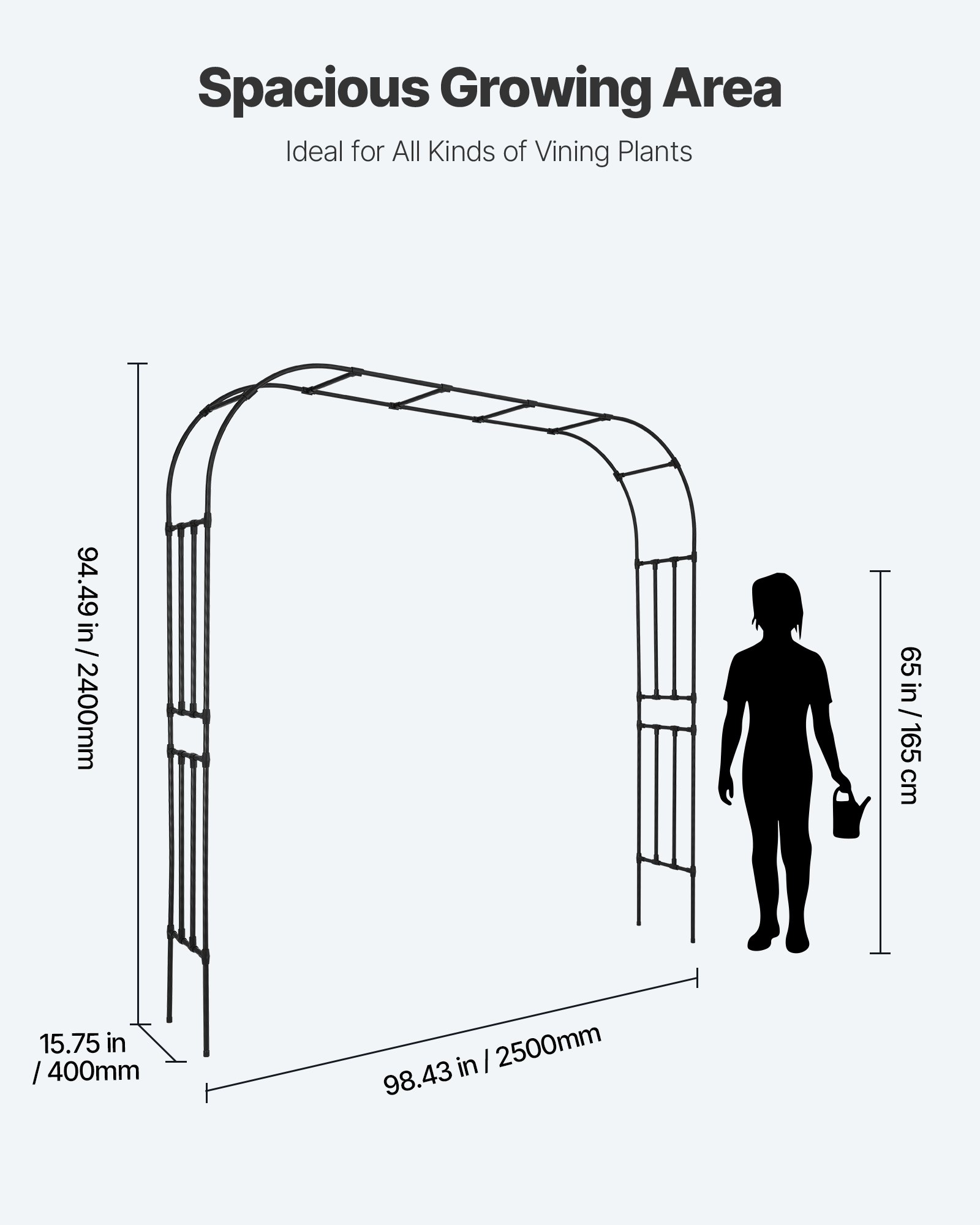 VEVOR Garden Arbor, 2.4 (H) x  2.5 (W) x 0.4 (D) m Metal Archway, Sturdy Outdoor Trellis Arch with Stakes, Easy to Assemble, Pergola Arbor for Plant Climbing Yard Lawn Wedding Party Decoration