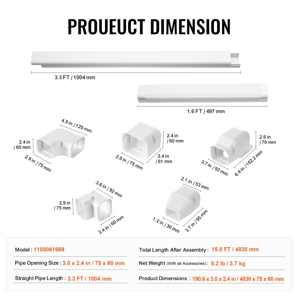 Osłona na rurę klimatyzacyjną VEVOR Mini Split Line Kit 76,2 mm szer. 4830 mm dł., dekoracyjna osłona na rurę klimatyzatora z PVC z 4 prostymi kanałami i kompletnymi komponentami, malowana do pomp ciepła, biała