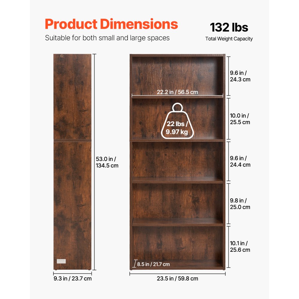 VEVOR narrow bookcase with 5 rectangular compartments & height-adjustable shelf, 1345 mm high freestanding storage shelf made of E1 chipboard, display shelf for living room bedroom brown