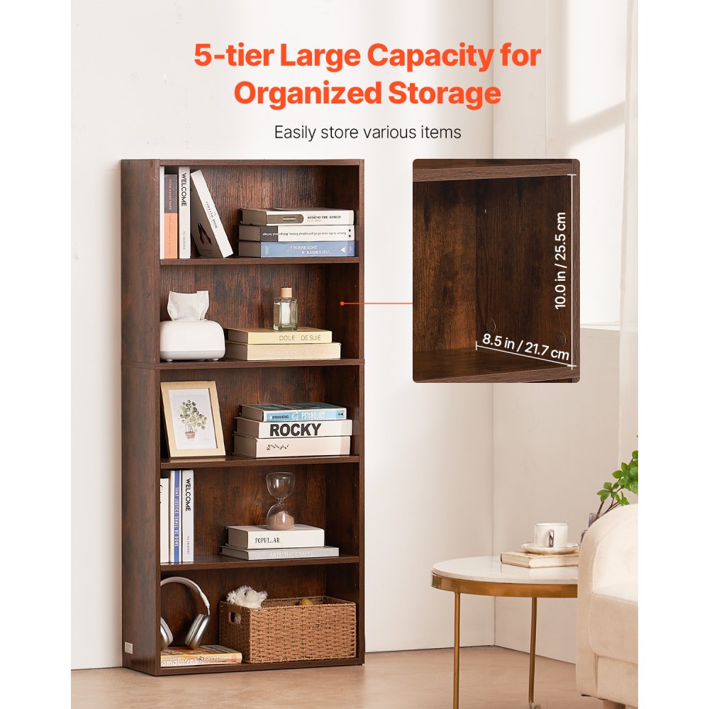 VEVOR narrow bookcase with 5 rectangular compartments & height-adjustable shelf, 1345 mm high freestanding storage shelf made of E1 chipboard, display shelf for living room bedroom brown