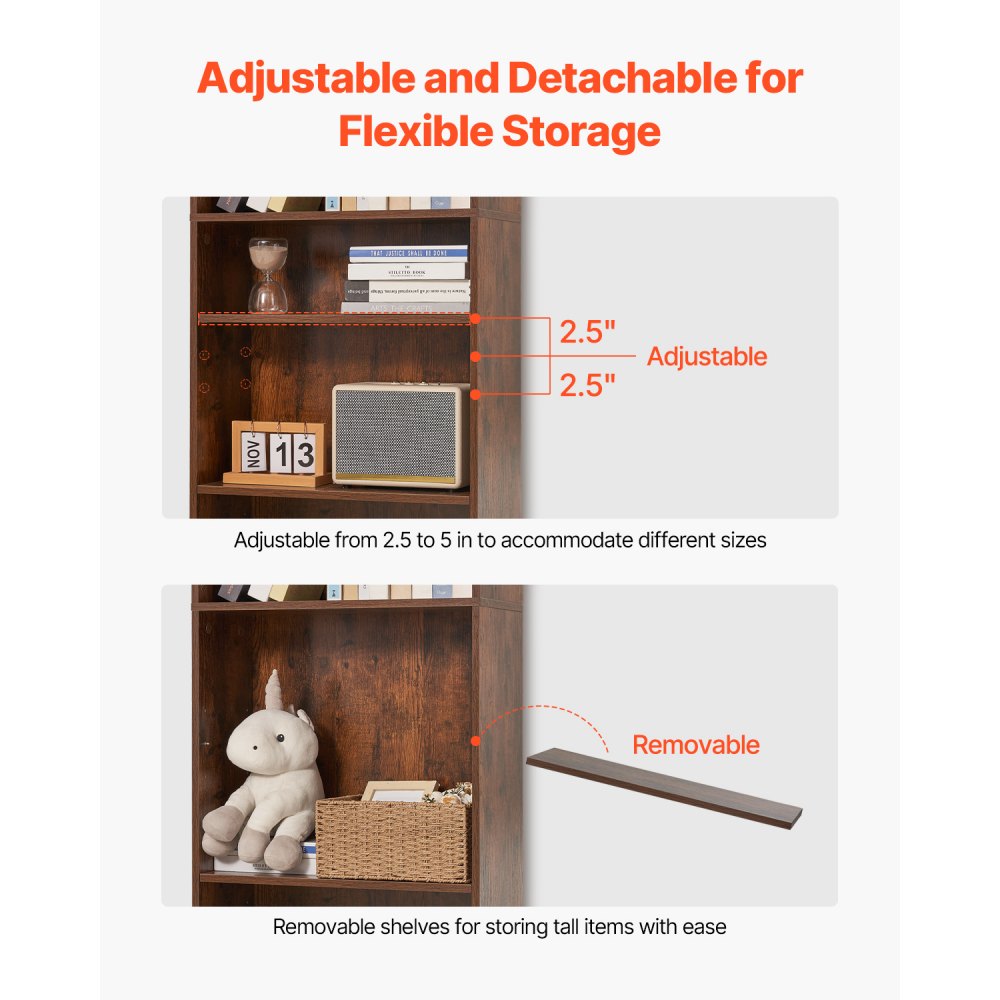 VEVOR narrow bookcase with 5 rectangular compartments & height-adjustable shelf, 1345 mm high freestanding storage shelf made of E1 chipboard, display shelf for living room bedroom brown