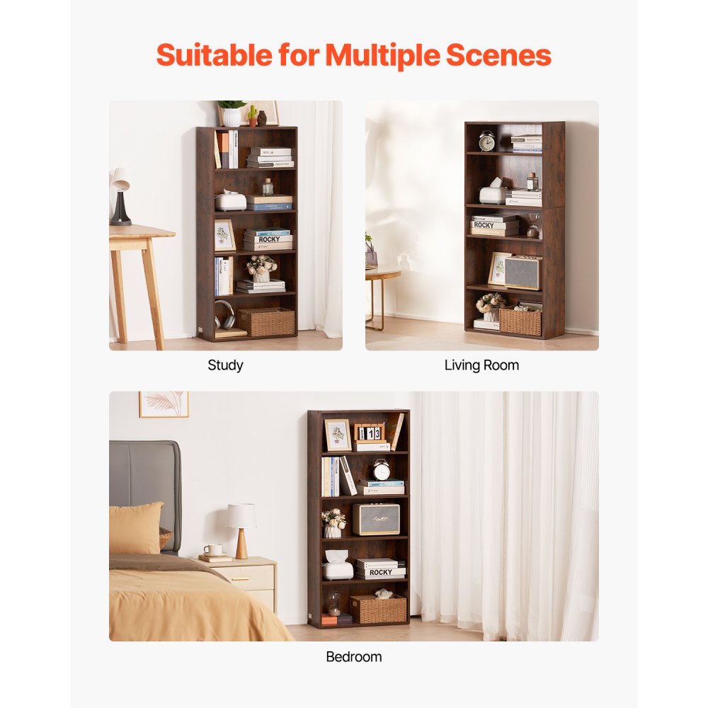 VEVOR narrow bookcase with 5 rectangular compartments & height-adjustable shelf, 1345 mm high freestanding storage shelf made of E1 chipboard, display shelf for living room bedroom brown