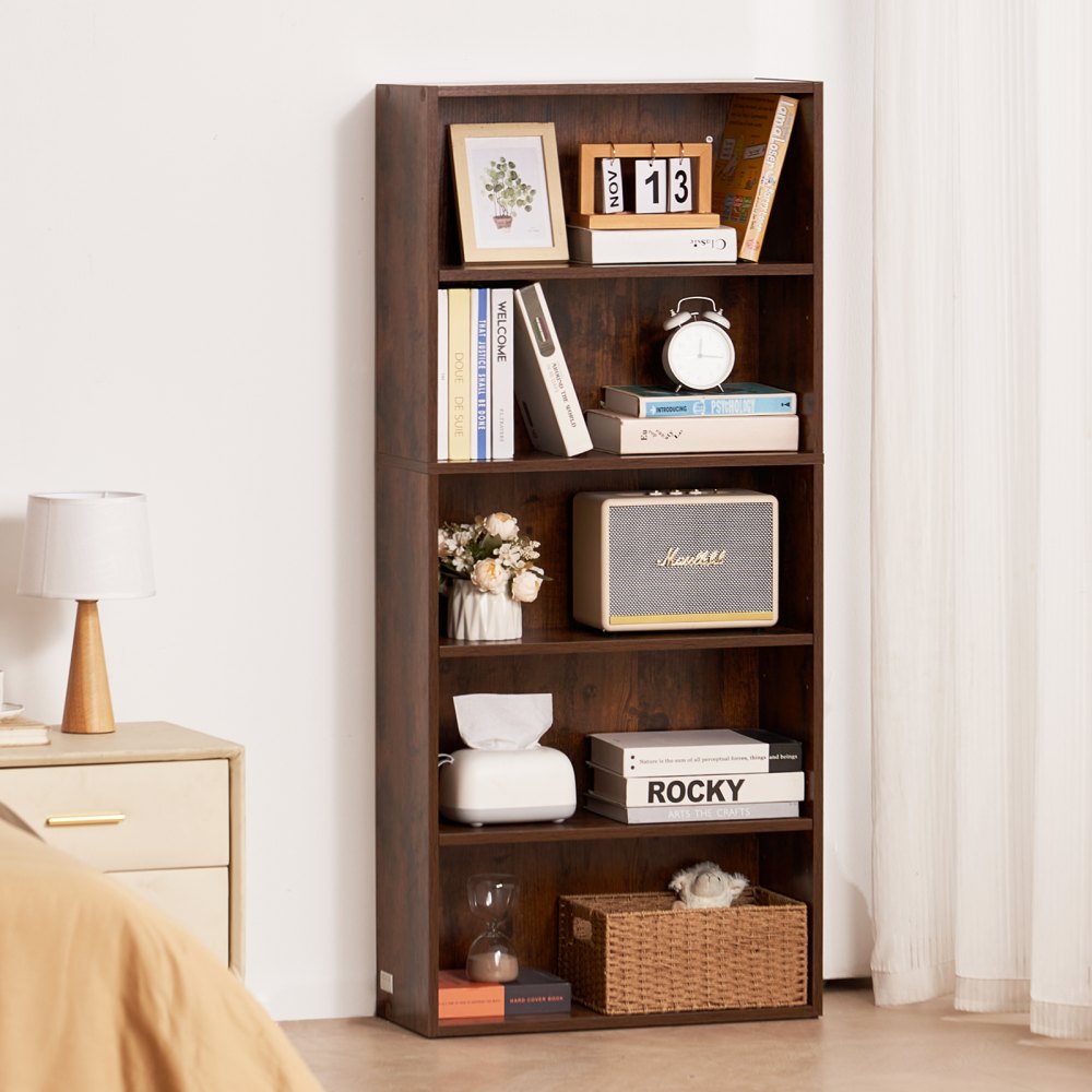 VEVOR narrow bookcase with 5 rectangular compartments & height-adjustable shelf, 1345 mm high freestanding storage shelf made of E1 chipboard, display shelf for living room bedroom brown