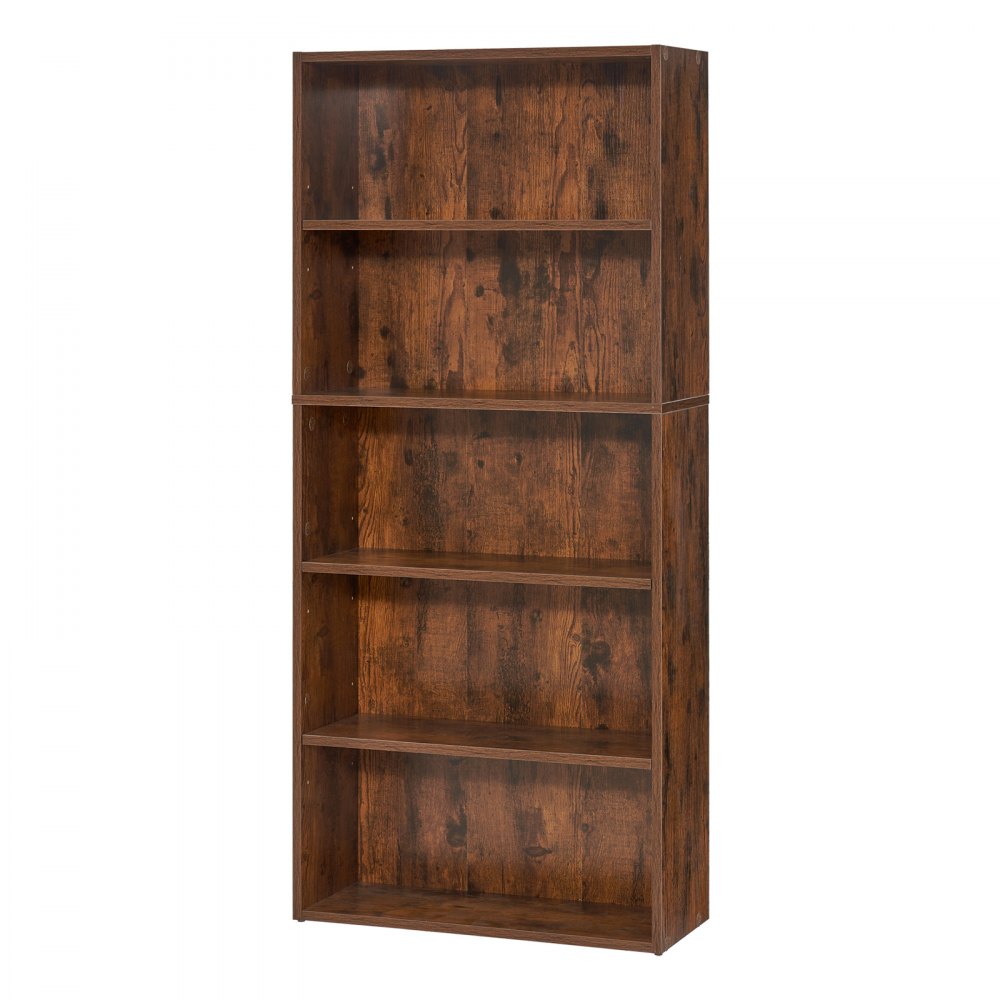 VEVOR narrow bookcase with 5 rectangular compartments & height-adjustable shelf, 1345 mm high freestanding storage shelf made of E1 chipboard, display shelf for living room bedroom brown