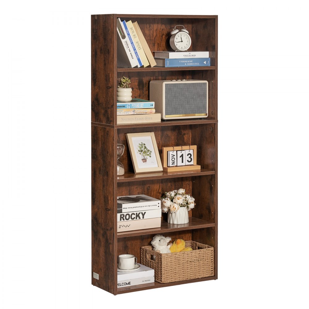 VEVOR narrow bookcase with 5 rectangular compartments & height-adjustable shelf, 1345 mm high freestanding storage shelf made of E1 chipboard, display shelf for living room bedroom brown