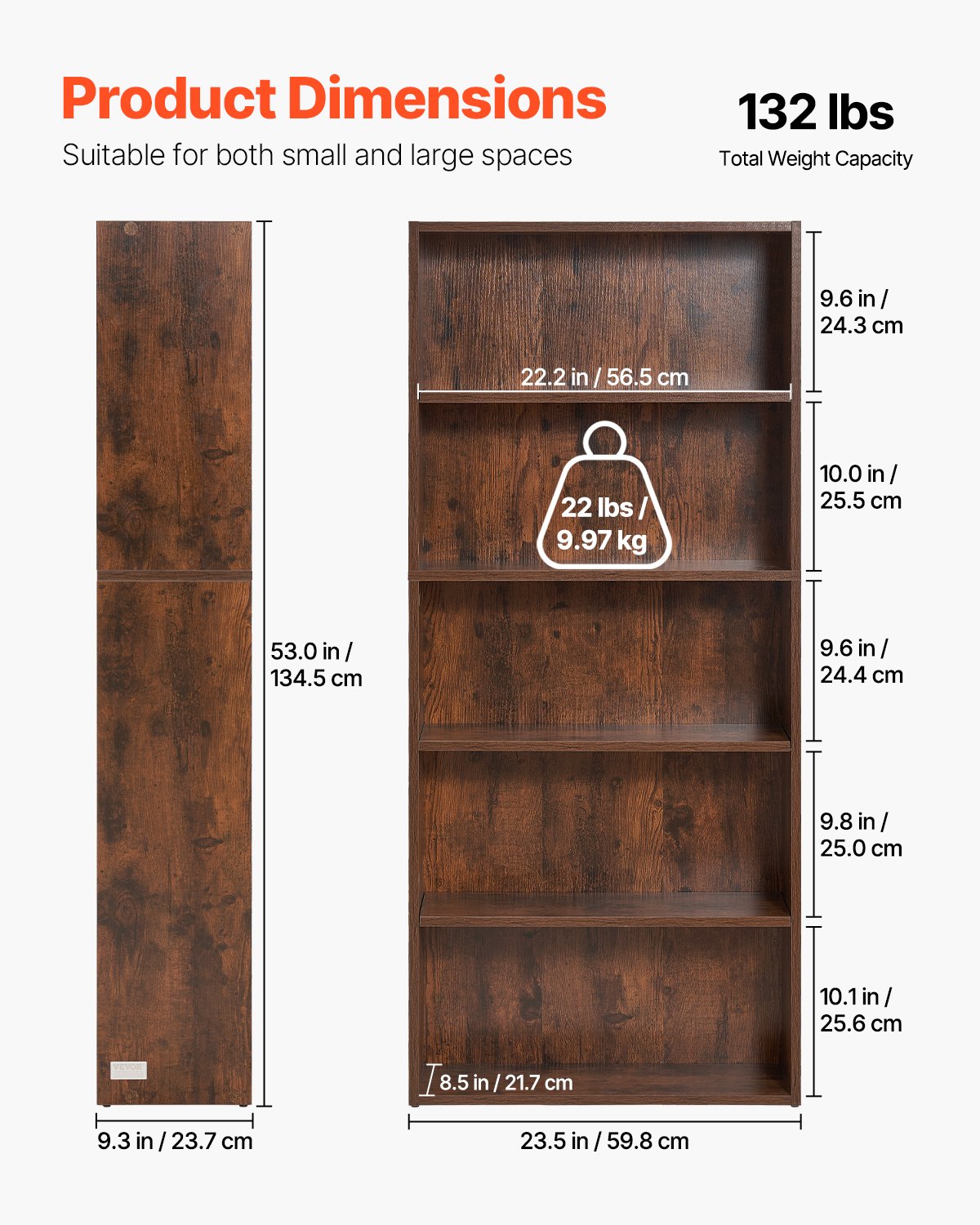 VEVOR narrow bookcase with 5 rectangular compartments & height-adjustable shelf, 1345 mm high freestanding storage shelf made of E1 chipboard, display shelf for living room bedroom brown