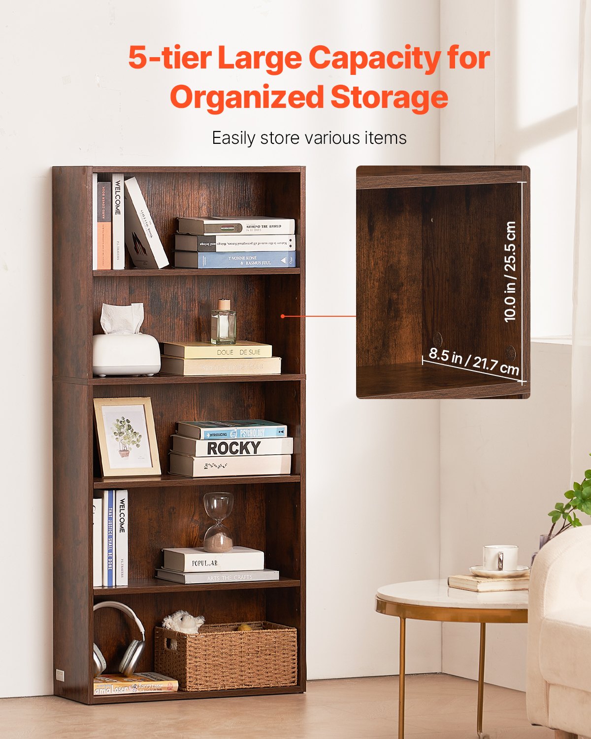 VEVOR narrow bookcase with 5 rectangular compartments & height-adjustable shelf, 1345 mm high freestanding storage shelf made of E1 chipboard, display shelf for living room bedroom brown