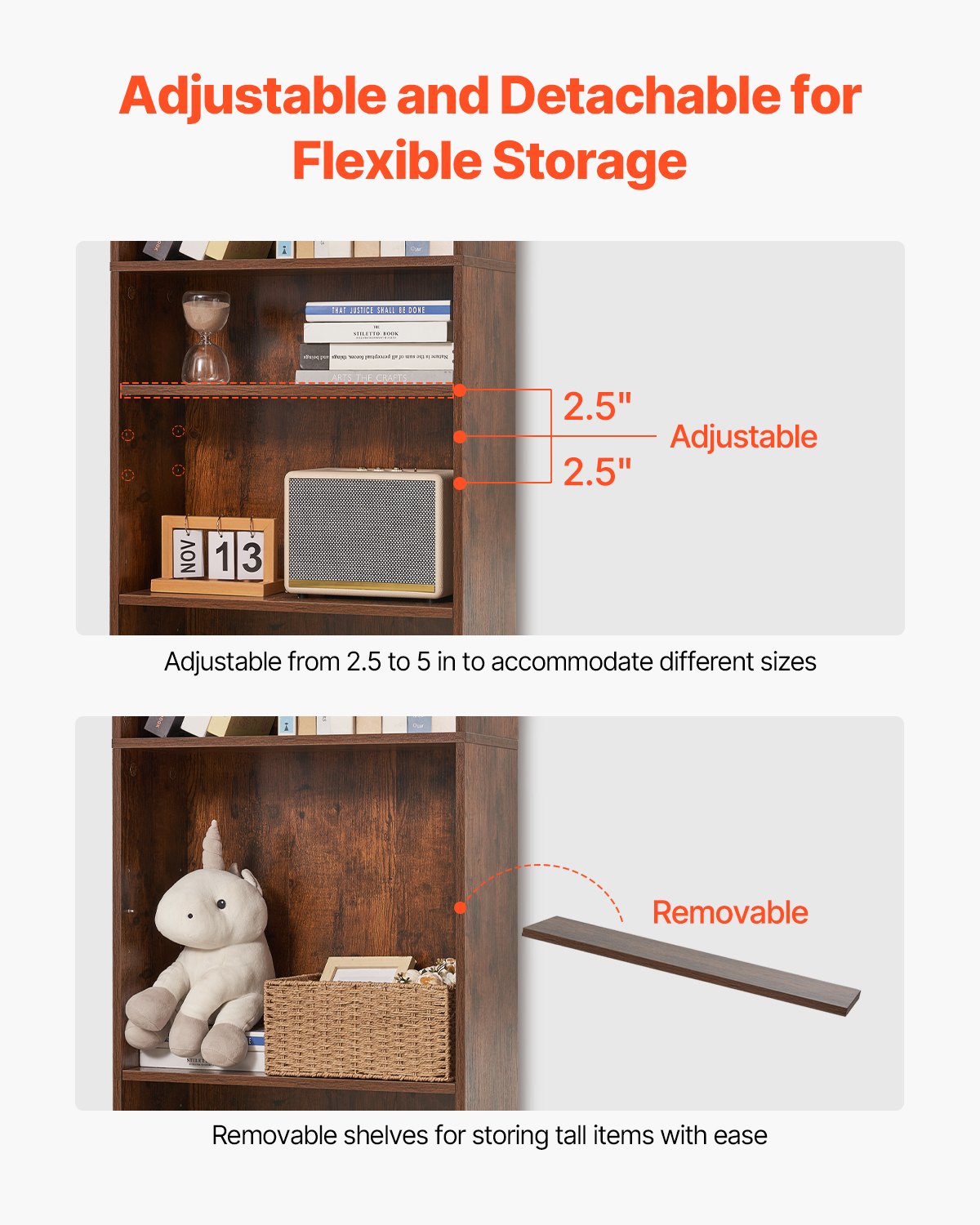 VEVOR narrow bookcase with 5 rectangular compartments & height-adjustable shelf, 1345 mm high freestanding storage shelf made of E1 chipboard, display shelf for living room bedroom brown