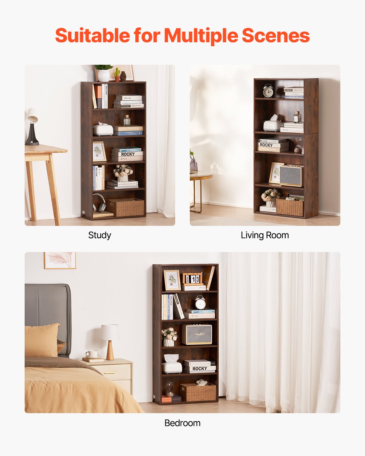 VEVOR narrow bookcase with 5 rectangular compartments & height-adjustable shelf, 1345 mm high freestanding storage shelf made of E1 chipboard, display shelf for living room bedroom brown