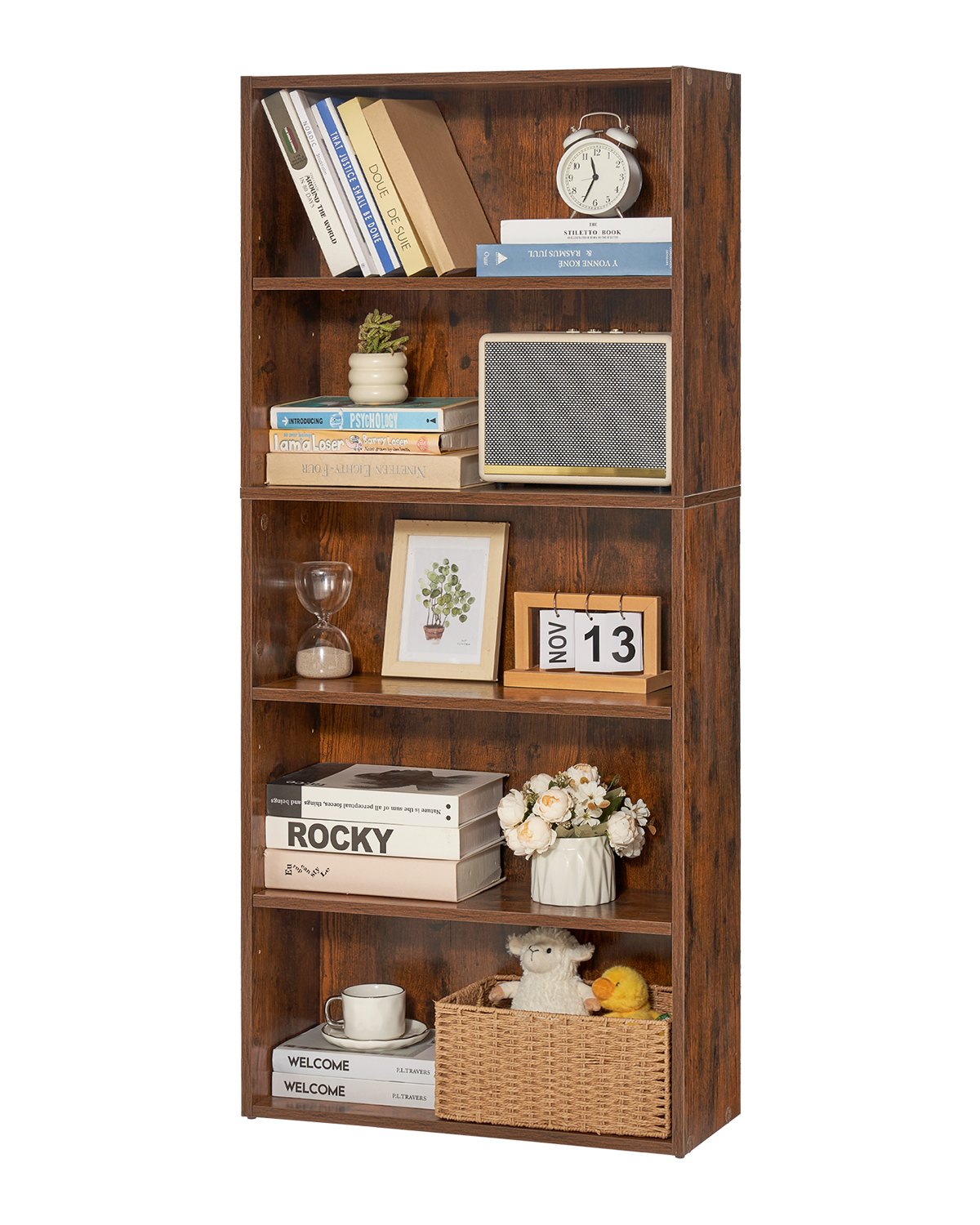 VEVOR narrow bookcase with 5 rectangular compartments & height-adjustable shelf, 1345 mm high freestanding storage shelf made of E1 chipboard, display shelf for living room bedroom brown