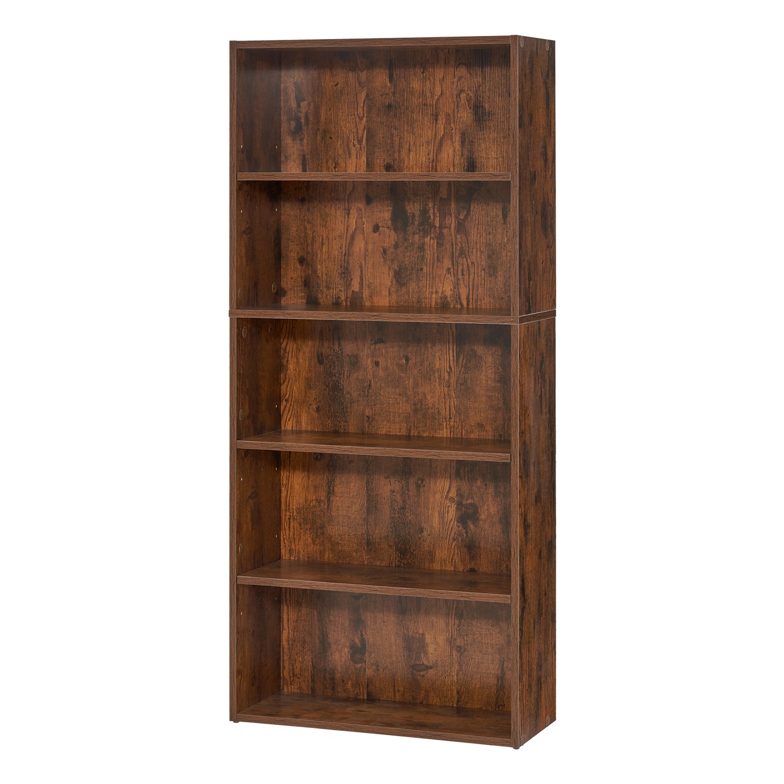 VEVOR narrow bookcase with 5 rectangular compartments & height-adjustable shelf, 1345 mm high freestanding storage shelf made of E1 chipboard, display shelf for living room bedroom brown