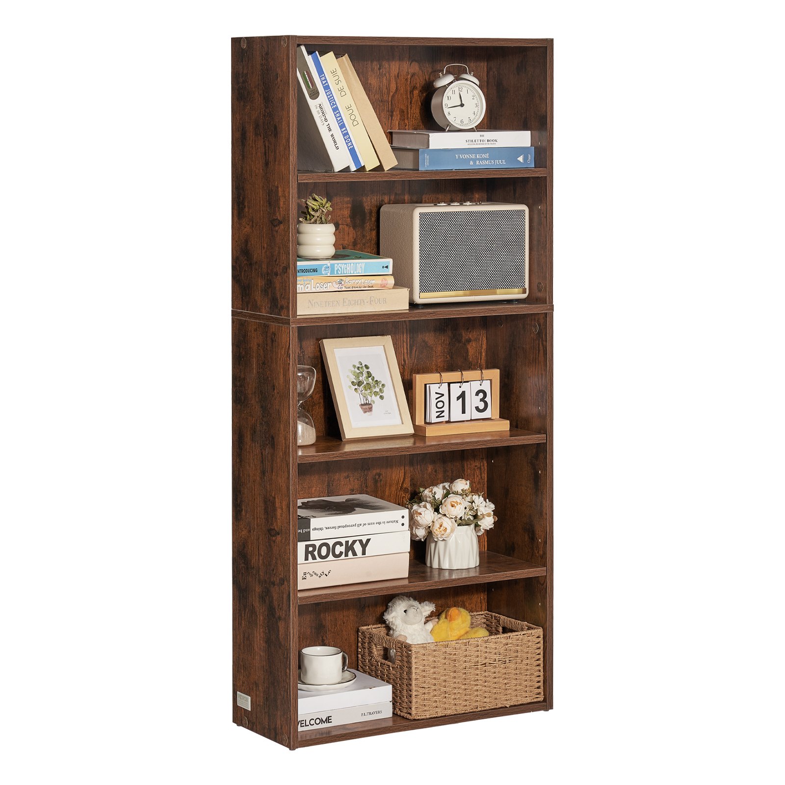 VEVOR narrow bookcase with 5 rectangular compartments & height-adjustable shelf, 1345 mm high freestanding storage shelf made of E1 chipboard, display shelf for living room bedroom brown