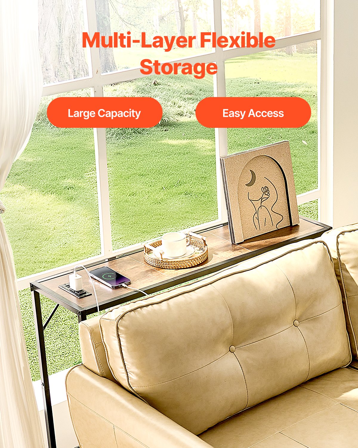 VEVOR wąski stolik konsolowy do przedpokoju (długość 106 cm) z gniazdkami, stolik do przedpokoju, stolik boczny, stolik kawowy z metalową ramą i stacją ładującą, do przedpokoju, salonu, na korytarz