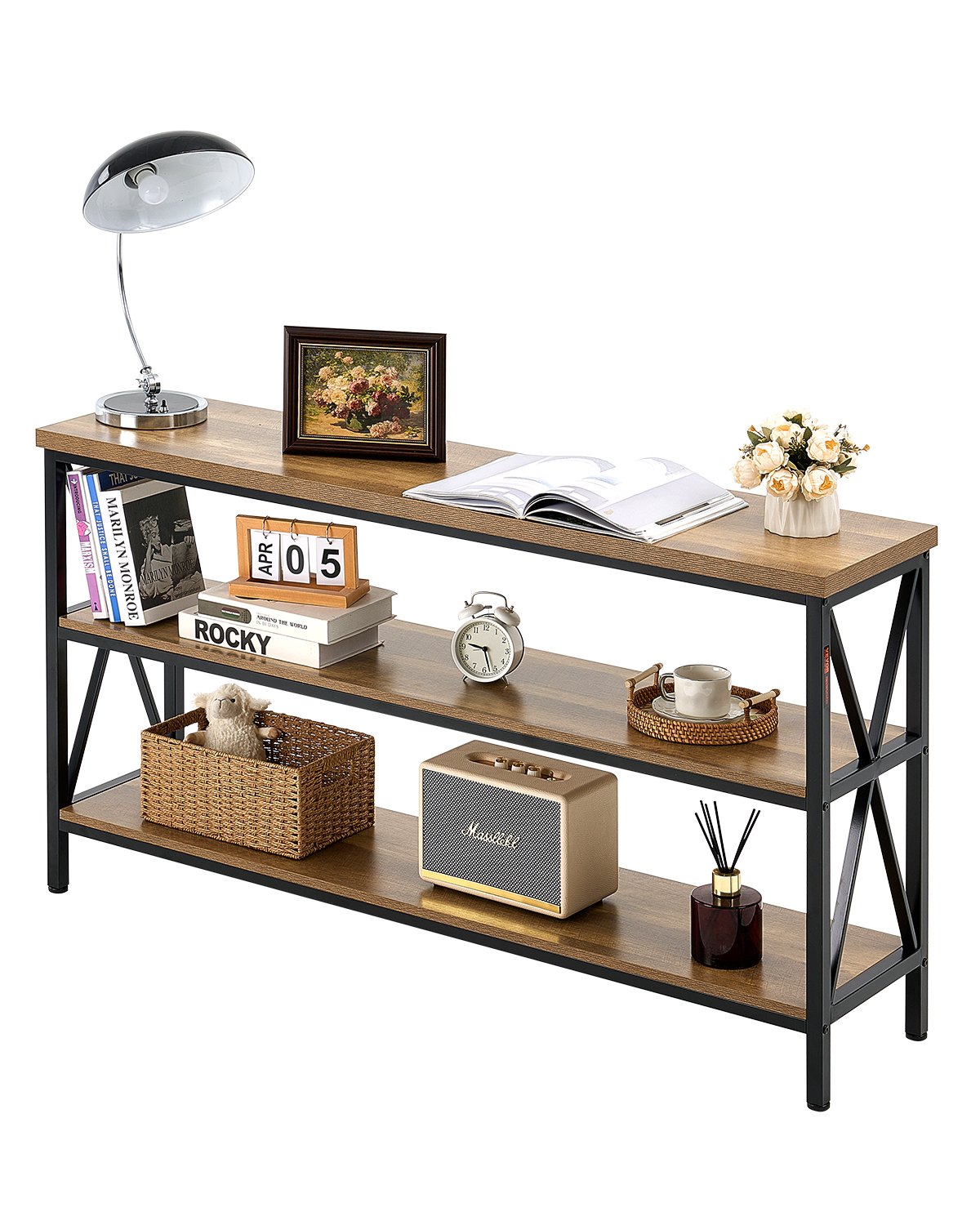 VEVOR narrow console table, entryway table (140 cm length / load capacity 108.9 + 72.6 + 72.6 kg), 3-tier hallway table, side table, sofa table with metal frame, for entryway, living room, hallway