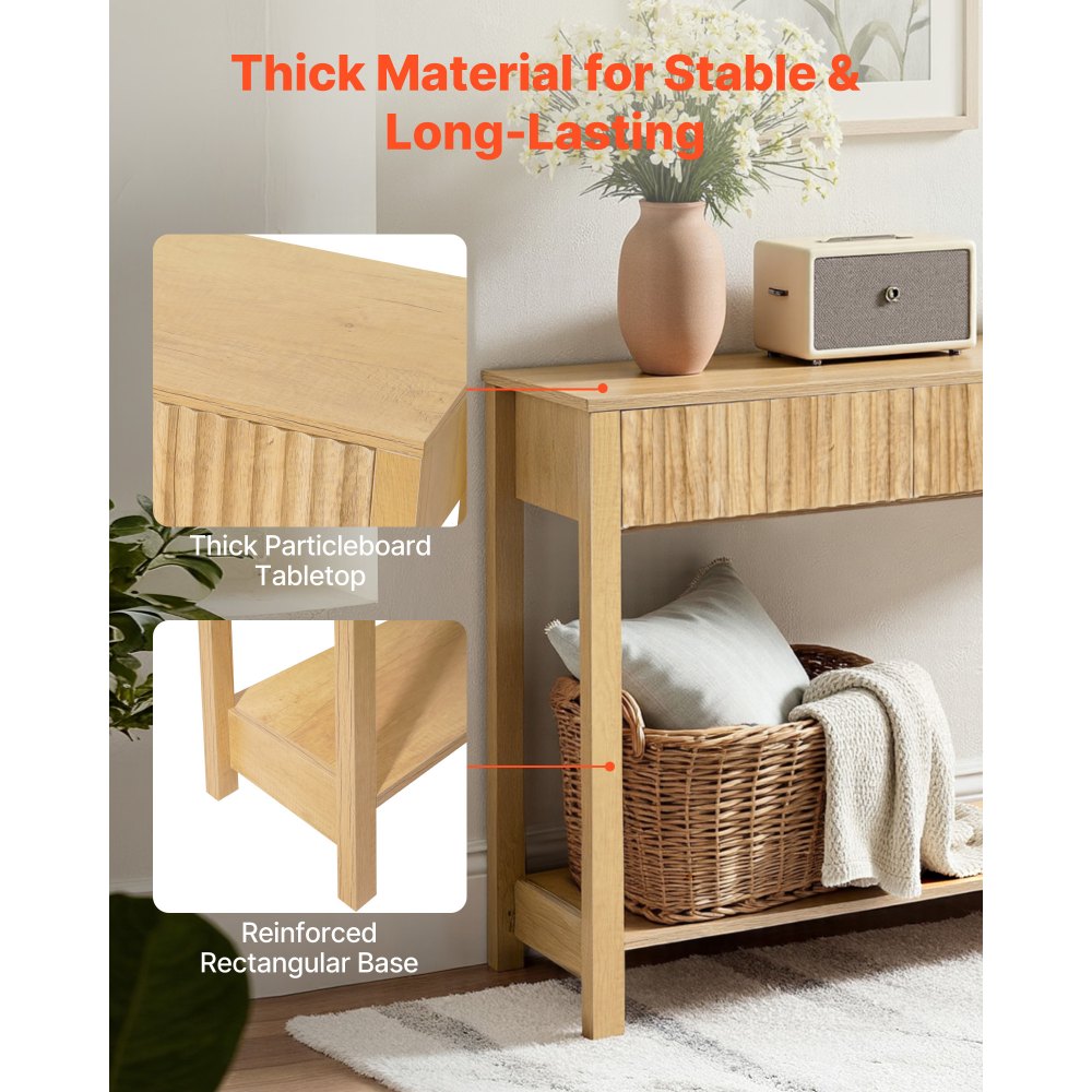 VEVOR 120 cm Console Table, Farmhouse Desk Behind the Couch with Drawers and Bottom Storage Shelf, Wooden Rectangle Entrance Narrow Sofa Table for Hallway, Bedroom, Living Room, Foyer, Burlywood