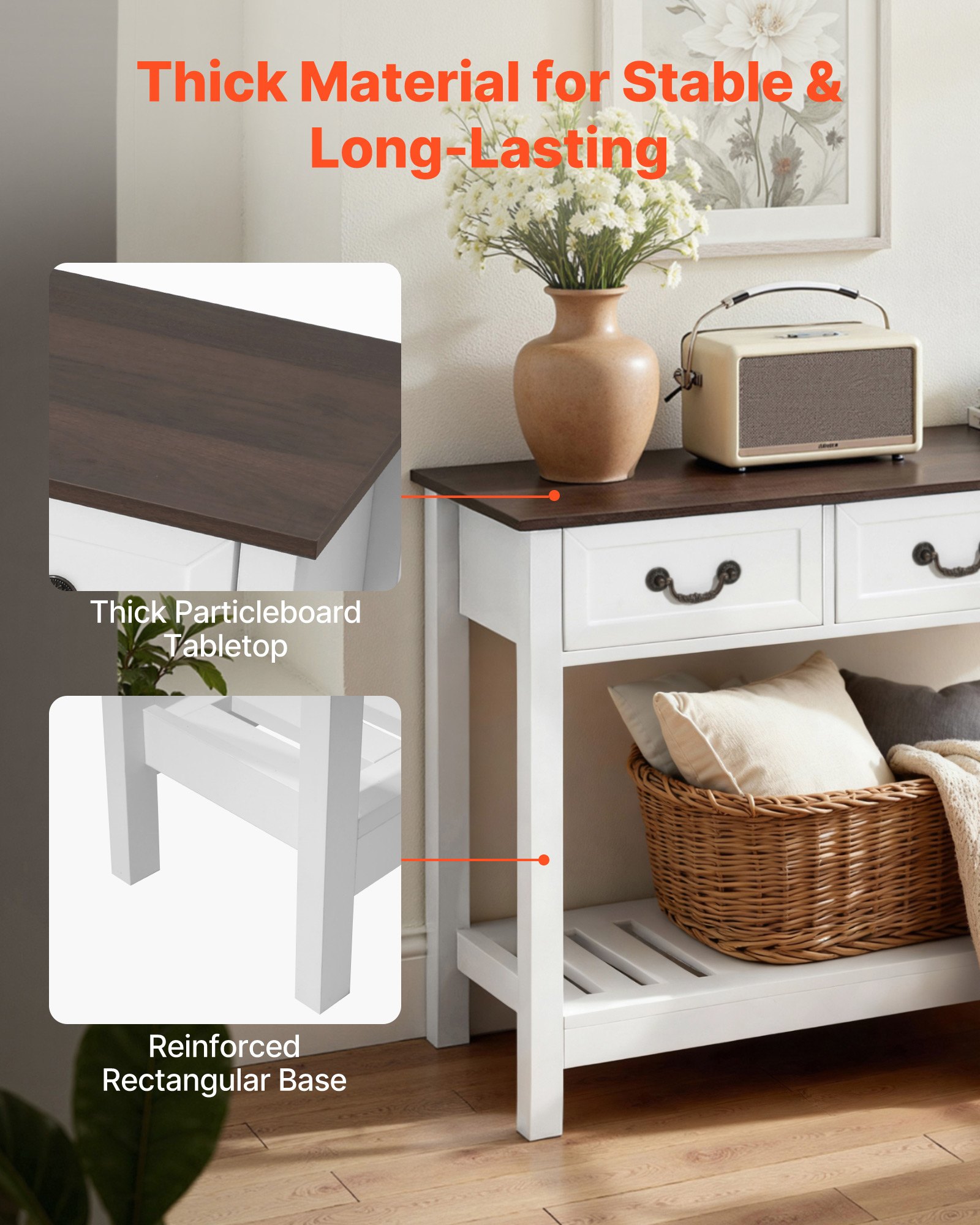 VEVOR 120 cm Console Table, Farmhouse Desk Behind the Couch with Drawers and Bottom Storage Shelf, Wooden Rectangle Entrance Narrow Sofa Table for Hallway, Bedroom, Living Room, Foyer, Brown + White