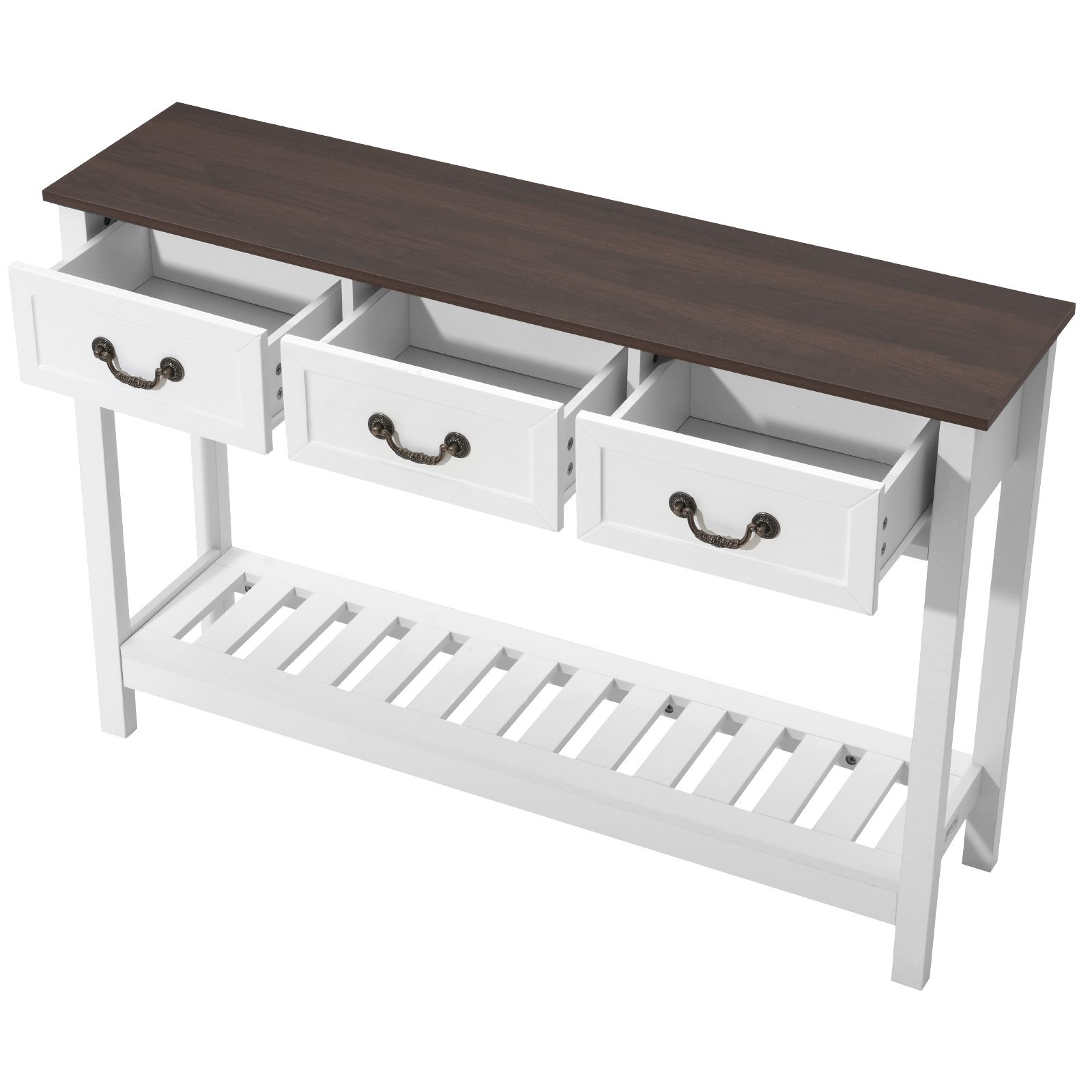 VEVOR 120 cm Console Table, Farmhouse Desk Behind the Couch with Drawers and Bottom Storage Shelf, Wooden Rectangle Entrance Narrow Sofa Table for Hallway, Bedroom, Living Room, Foyer, Brown + White
