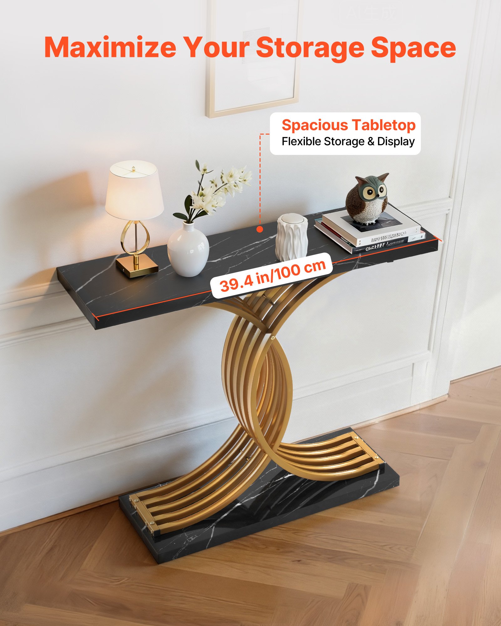 VEVOR Stolik konsolowy, stolik wejściowy za sofą (100 x 30 x 81 cm / dł. x szer. x wys.), prostokątny stolik boczny wykonany z płyty MDF i rur stalowych do przedpokoju, sypialni, salonu, holu, stolik w przedpokoju, złoty