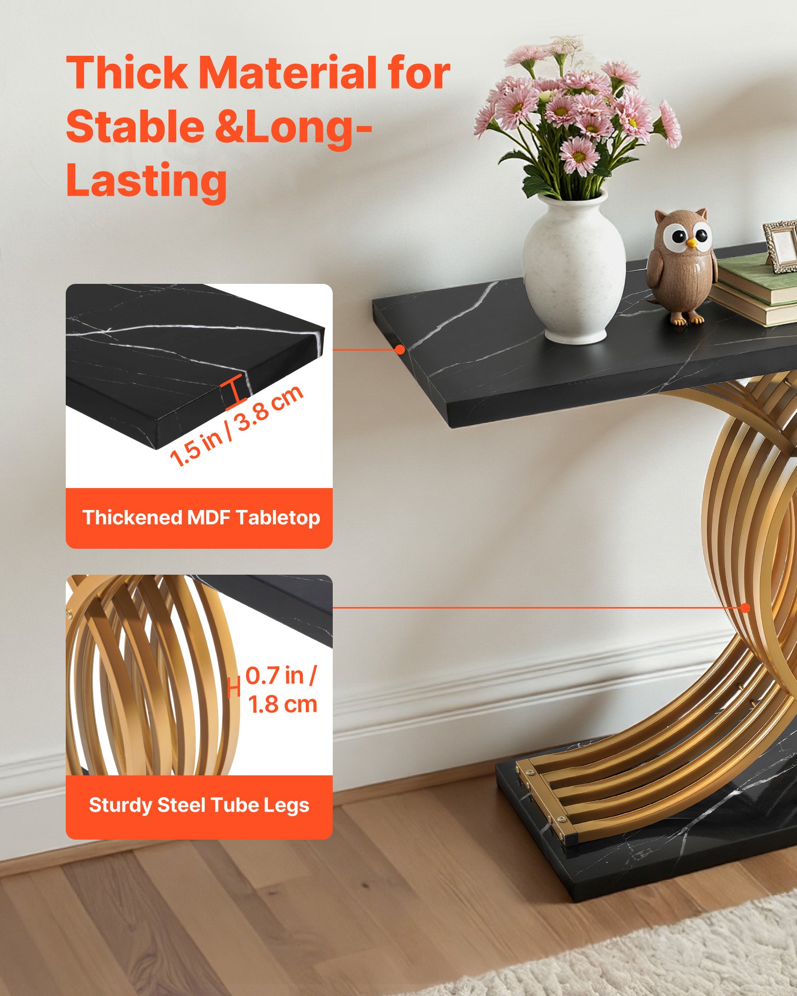 VEVOR Stolik konsolowy, stolik wejściowy za sofą (100 x 30 x 81 cm / dł. x szer. x wys.), prostokątny stolik boczny wykonany z płyty MDF i rur stalowych do przedpokoju, sypialni, salonu, holu, stolik w przedpokoju, złoty
