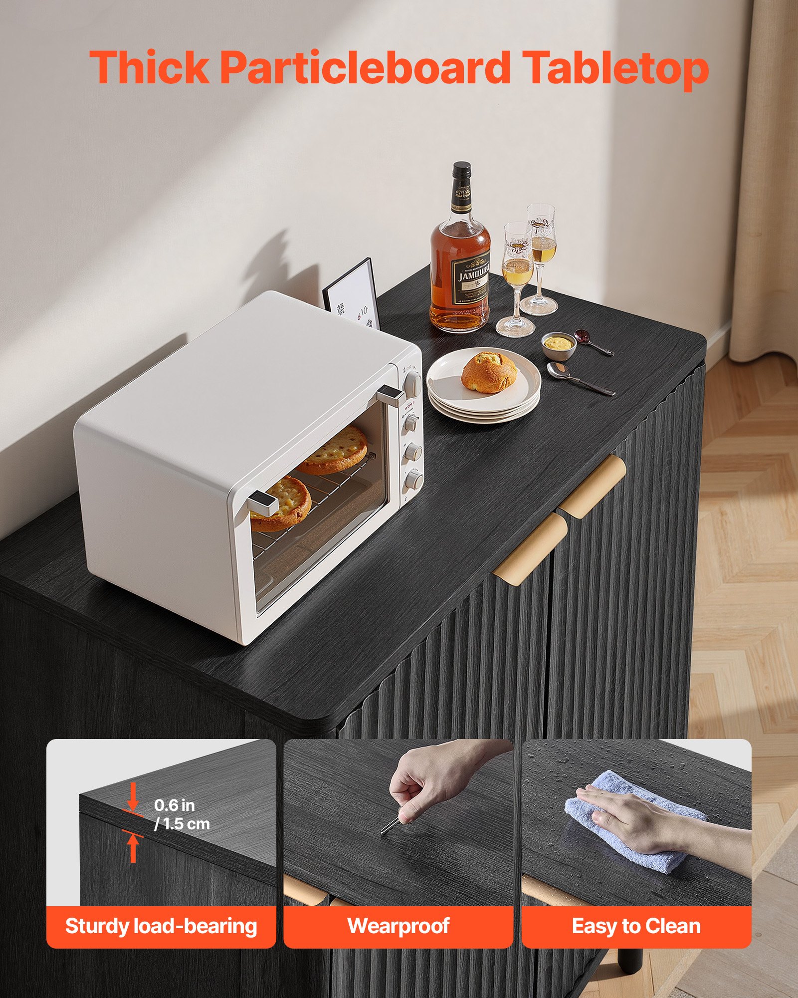 VEVOR Szafka kuchenna z 2 półkami, kredens w stylu średniowiecznym do salonu, przedpokoju, kuchni, szafka do przechowywania 80 x 37,5 x 80 cm, kolor czarny