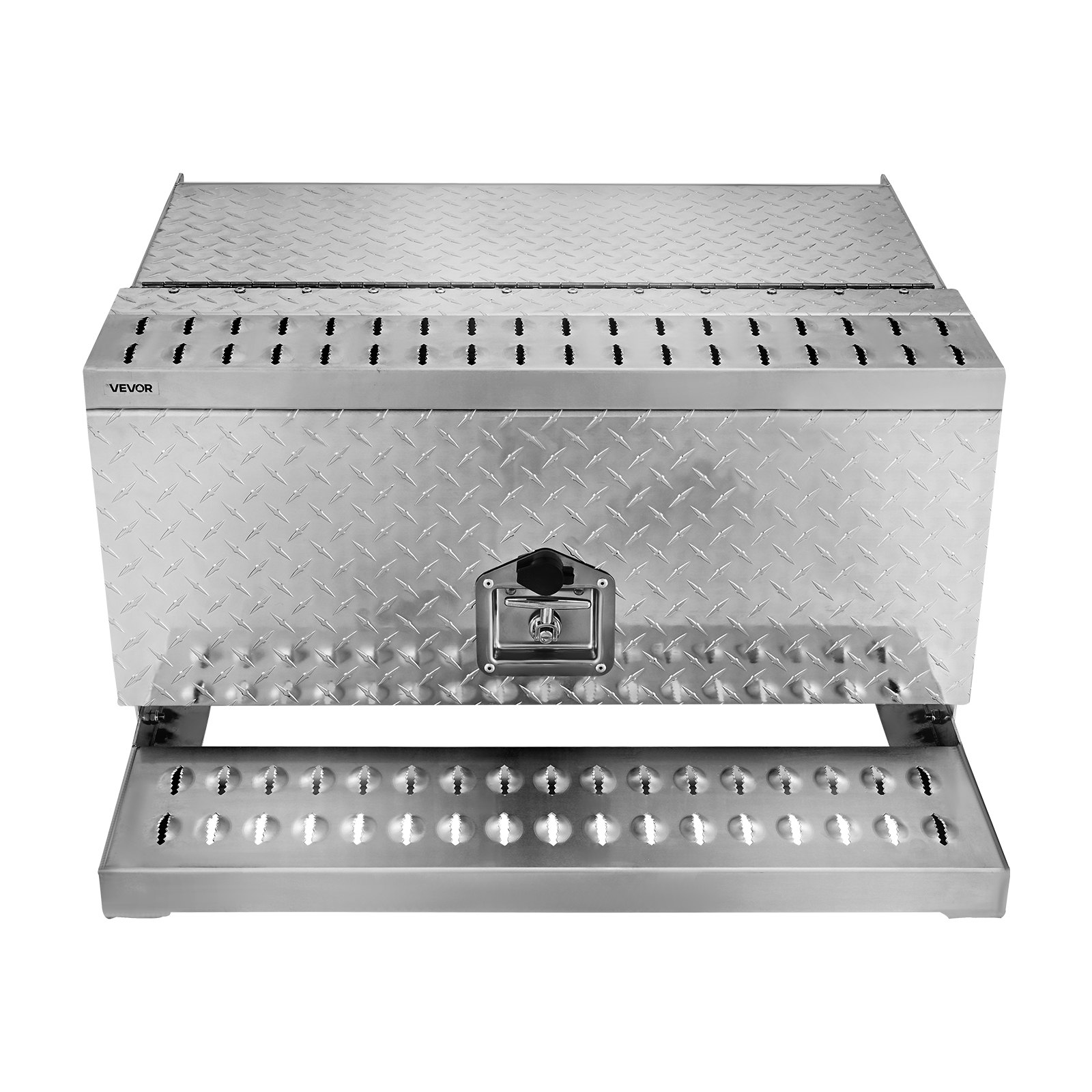Skrzynka narzędziowa VEVOR, 760x750x400 mm, aluminiowa, do przechowywania stopni wejściowych do kabiny kierowcy z uchwytem w kształcie litery T, zamkiem i kluczami do ciężarówek z platformą, dźwigów i naczep