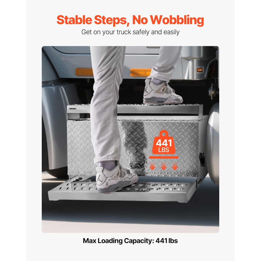 Skrzynia narzędziowa VEVOR do naczepy, 790x770x485 mm, aluminiowa, do przechowywania w kabinie kierowcy, z amortyzującym zatrzaskiem, do ciężarówek z platformą, dźwigów i naczep