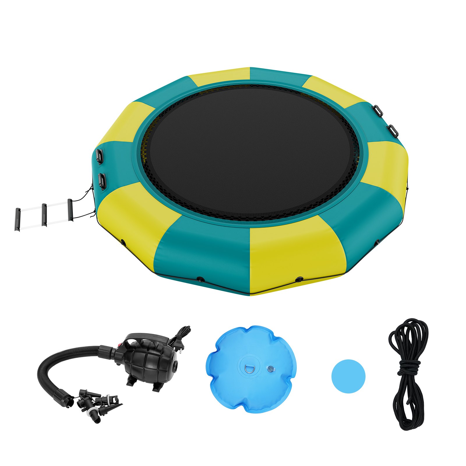 VEVOR Inflatable Water Trampoline Ladder, Waterproof, Abrasion-Resistant, 3.96 m Jumping Surface, Jumping Platform Water Park Pool Trampoline, Yellow + Green, 226 kg Weight Capacity