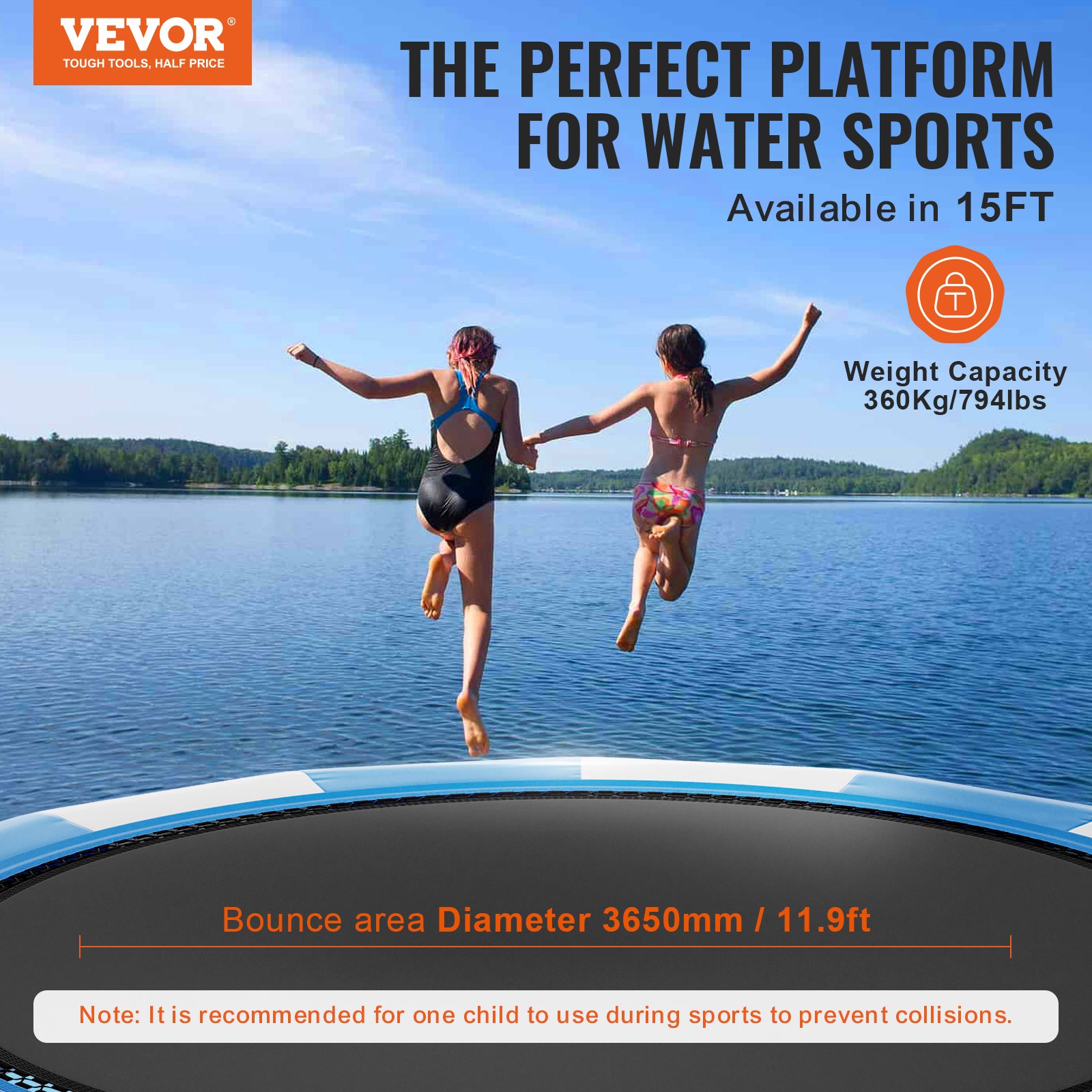 VEVOR Inflatable Water Trampoline Ladder, Waterproof, Abrasion-Resistant, Durable Water Trampoline, 4.57 m Large Jumping Surface, Jumping Platform Water Park Pool Trampoline, 360 kg Weight Capacity, Blue White