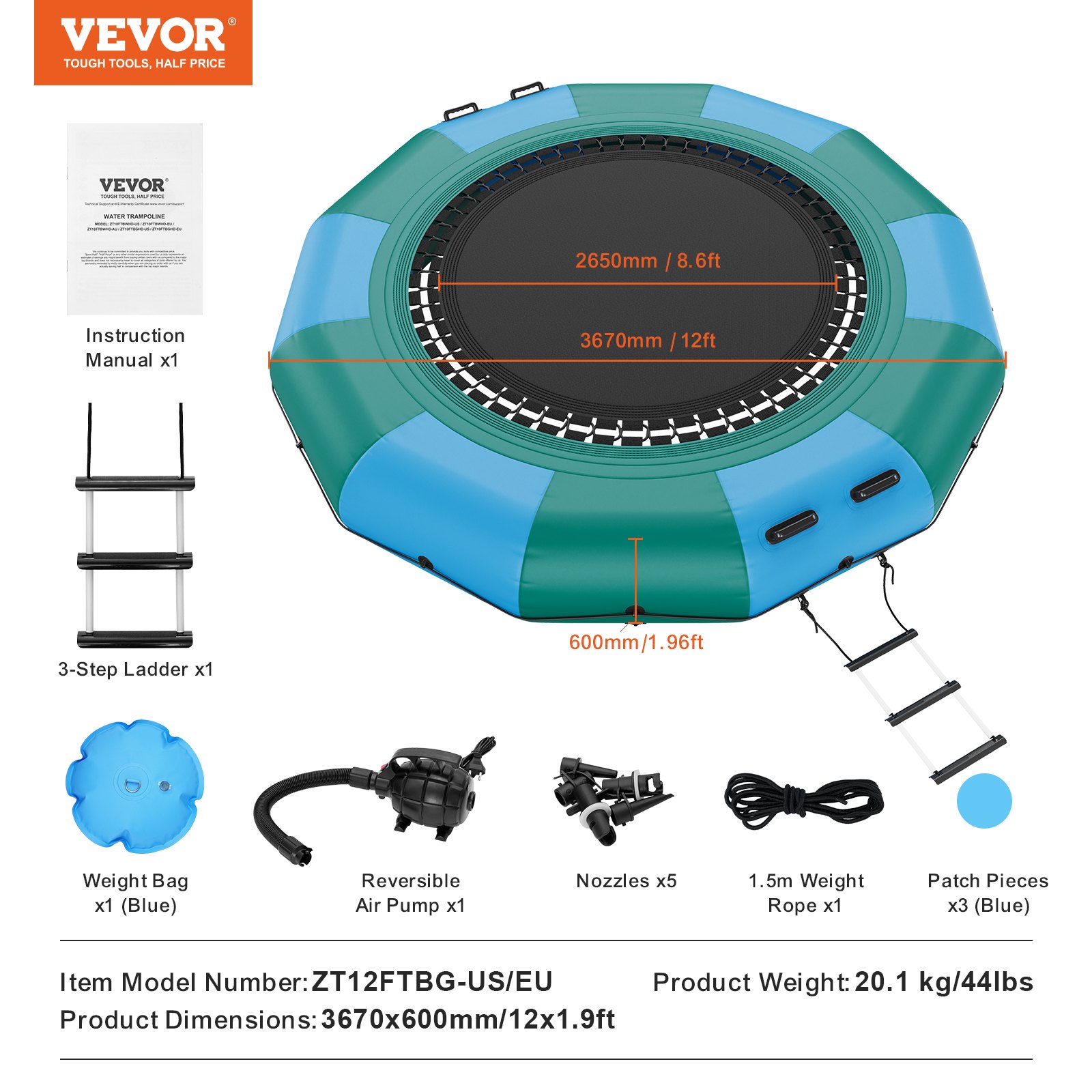 VEVOR Inflatable Water Trampoline with Ladder, Waterproof, Abrasion-Resistant, 3.66 m Jumping Surface, Jumping Platform Water Park Pool Trampoline, Blue + Green, 226 kg Weight Capacity