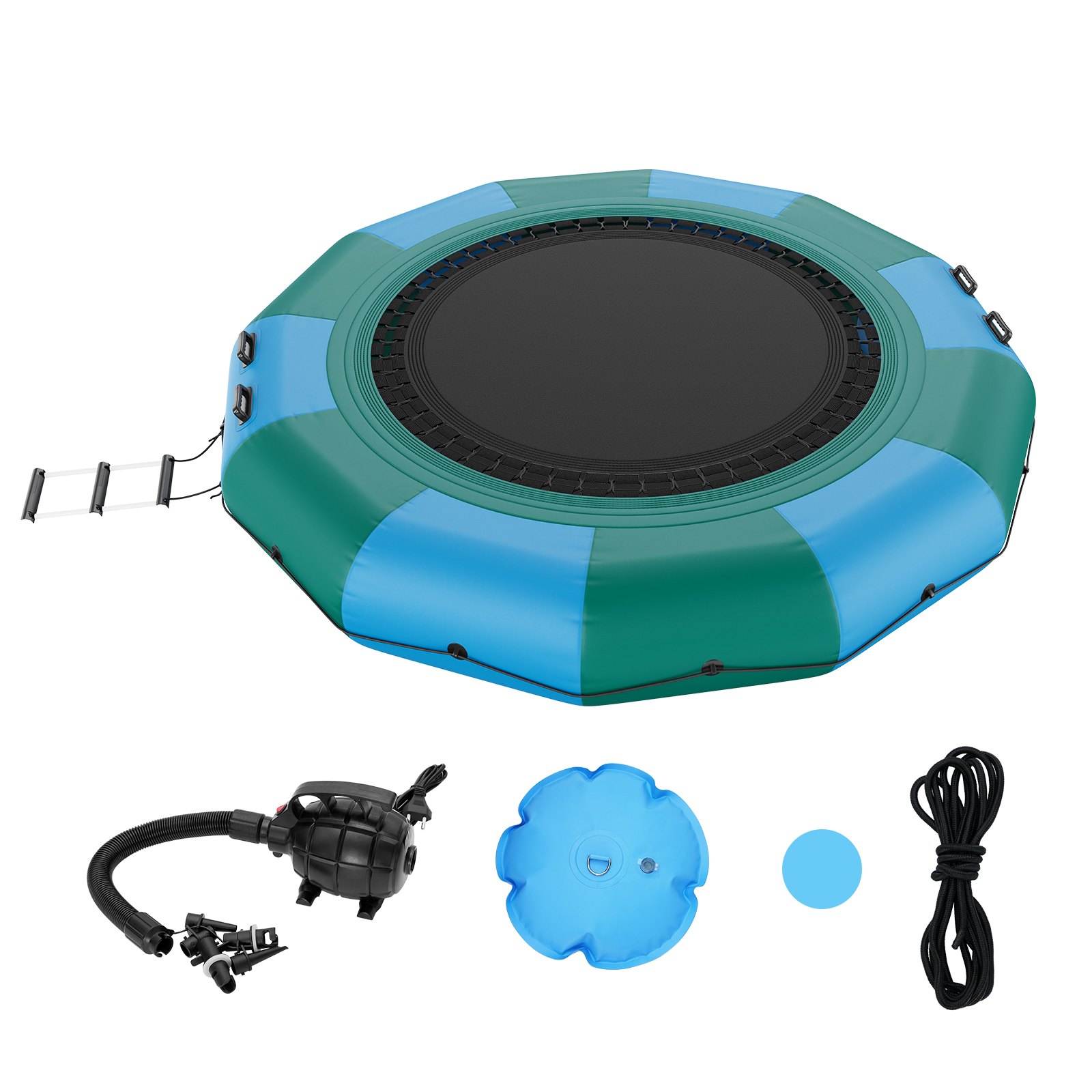 VEVOR Inflatable Water Trampoline with Ladder, Waterproof, Abrasion-Resistant, 3.66 m Jumping Surface, Jumping Platform Water Park Pool Trampoline, Blue + Green, 226 kg Weight Capacity