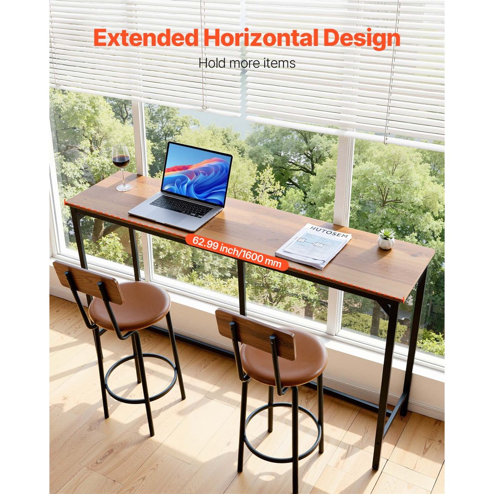 VEVOR Bar Table, 1PCS 1600.2mm Kitchen Bar Table, Tall Dining Tables with Rounded Edge, Rectangular High Top Kitchen Tables for Balcony, Living Room, Light Brown, Black, Extended Horizontal Design