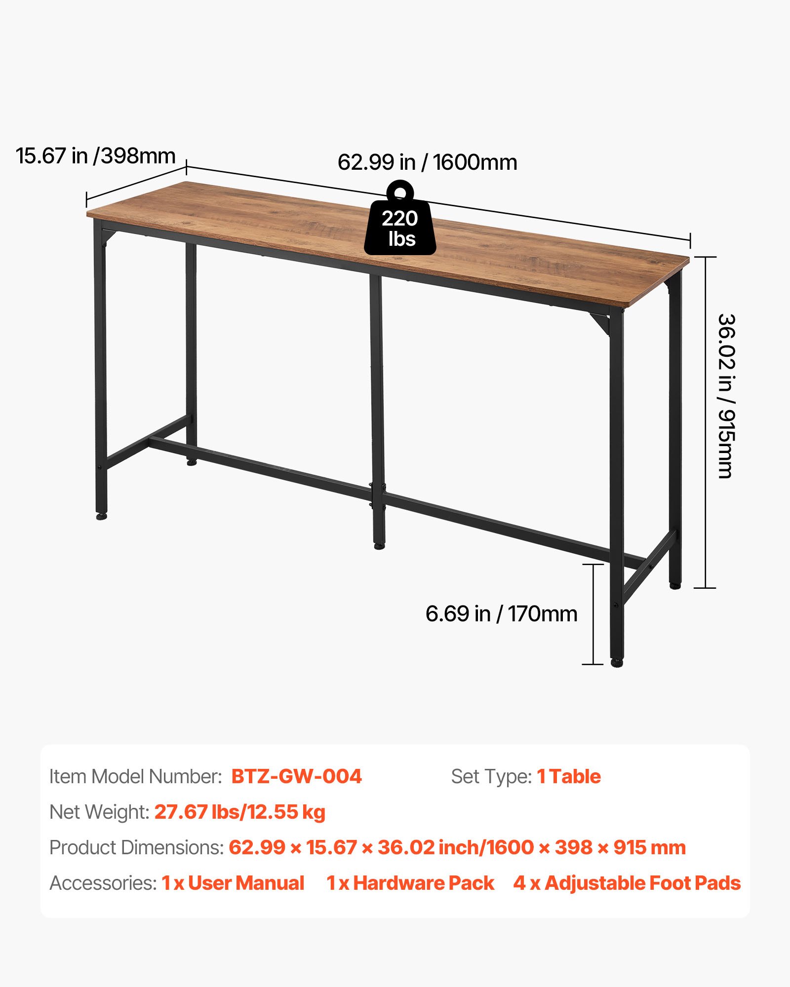 VEVOR Bar Table, 1PCS 1600.2mm Kitchen Bar Table, Tall Dining Tables with Rounded Edge, Rectangular High Top Kitchen Tables for Balcony, Living Room, Light Brown, Black, Extended Horizontal Design