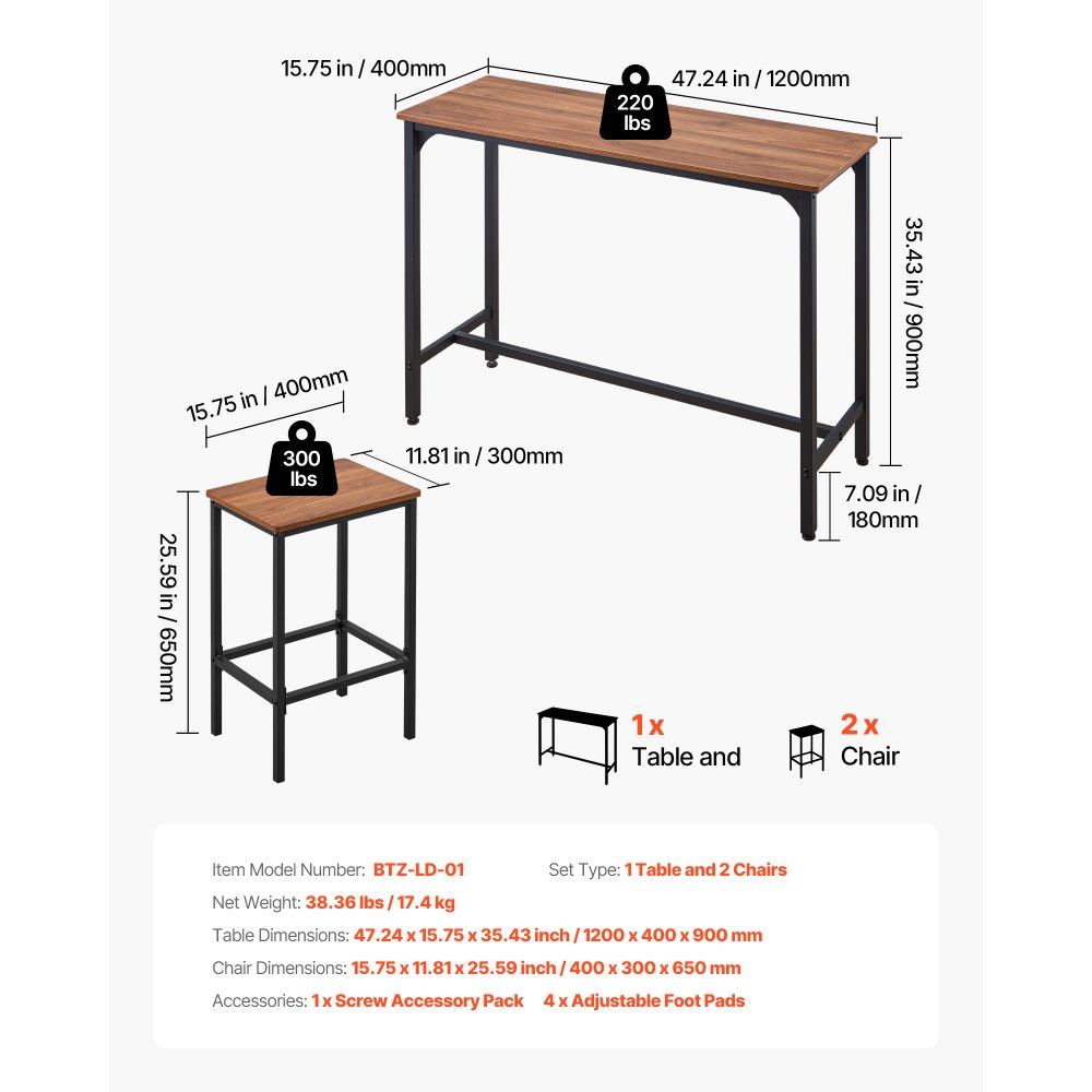 VEVOR Bar Table, 3PCS 1193.8mm Bars Tables Set, Bar Tables and Chair Set with Rounded Edge Design, Rectangular Pub Table with Two Stools for Office Desk, Breakfast Corner, Mini Bars, Rustic Brown