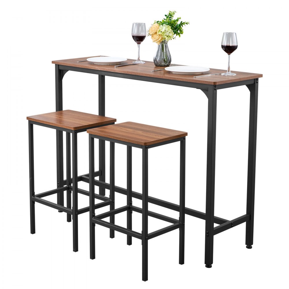 VEVOR Bar Table, 3PCS 1193.8mm Bars Tables Set, Bar Tables and Chair Set with Rounded Edge Design, Rectangular Pub Table with Two Stools for Office Desk, Breakfast Corner, Mini Bars, Rustic Brown