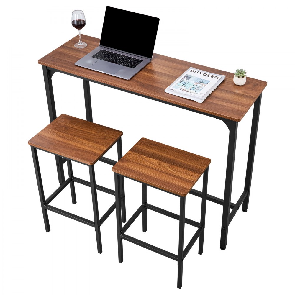 VEVOR Bar Table, 3PCS 1193.8mm Bars Tables Set, Bar Tables and Chair Set with Rounded Edge Design, Rectangular Pub Table with Two Stools for Office Desk, Breakfast Corner, Mini Bars, Rustic Brown