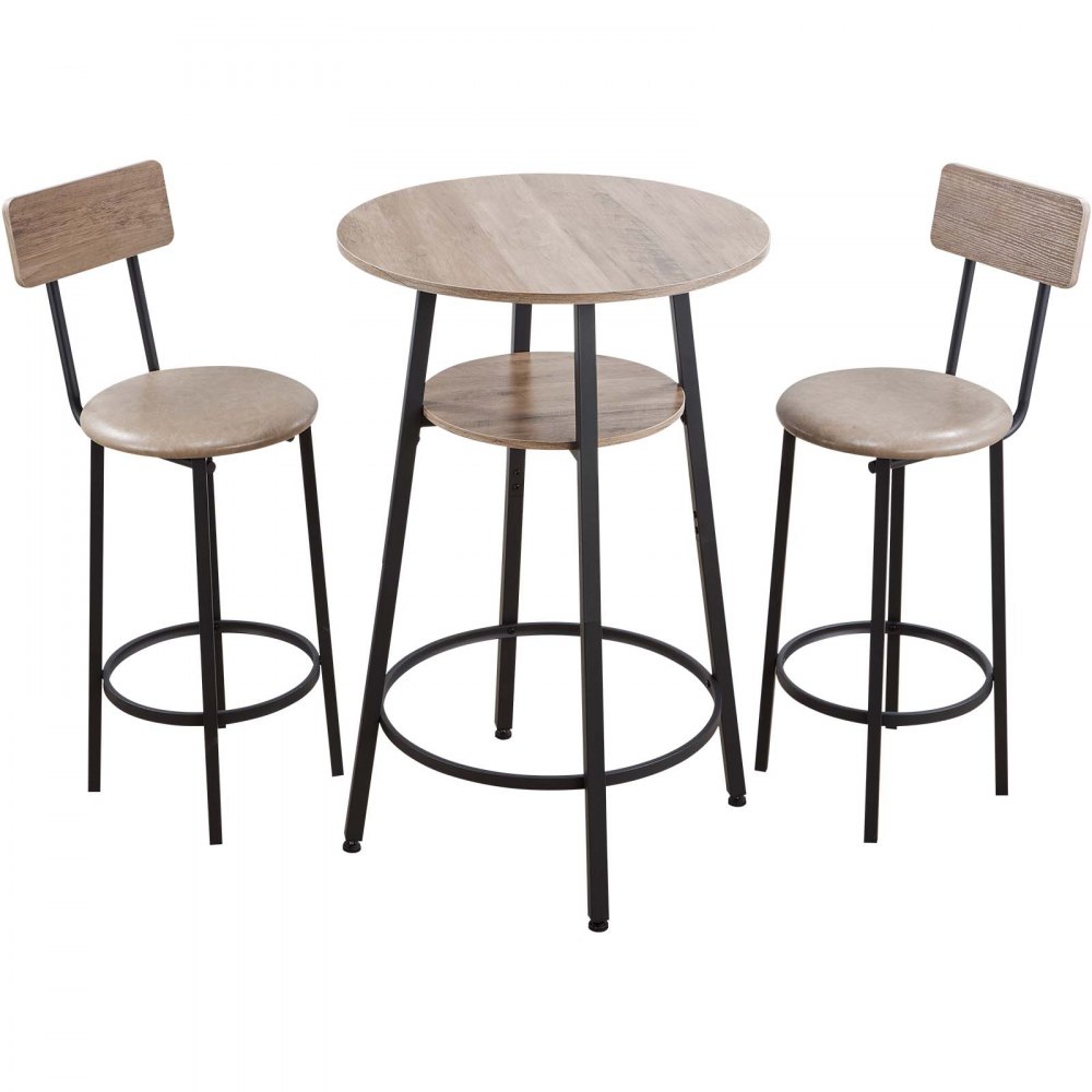 VEVOR Bar Table, 3PCS 596.9mm Bars Tables Set, Bar Tables and Chair Set with Rounded Corner Design, Round Pub Table with Two Stools for Office Desk, Breakfast Corner, Mini Bars, Light Gray, Black